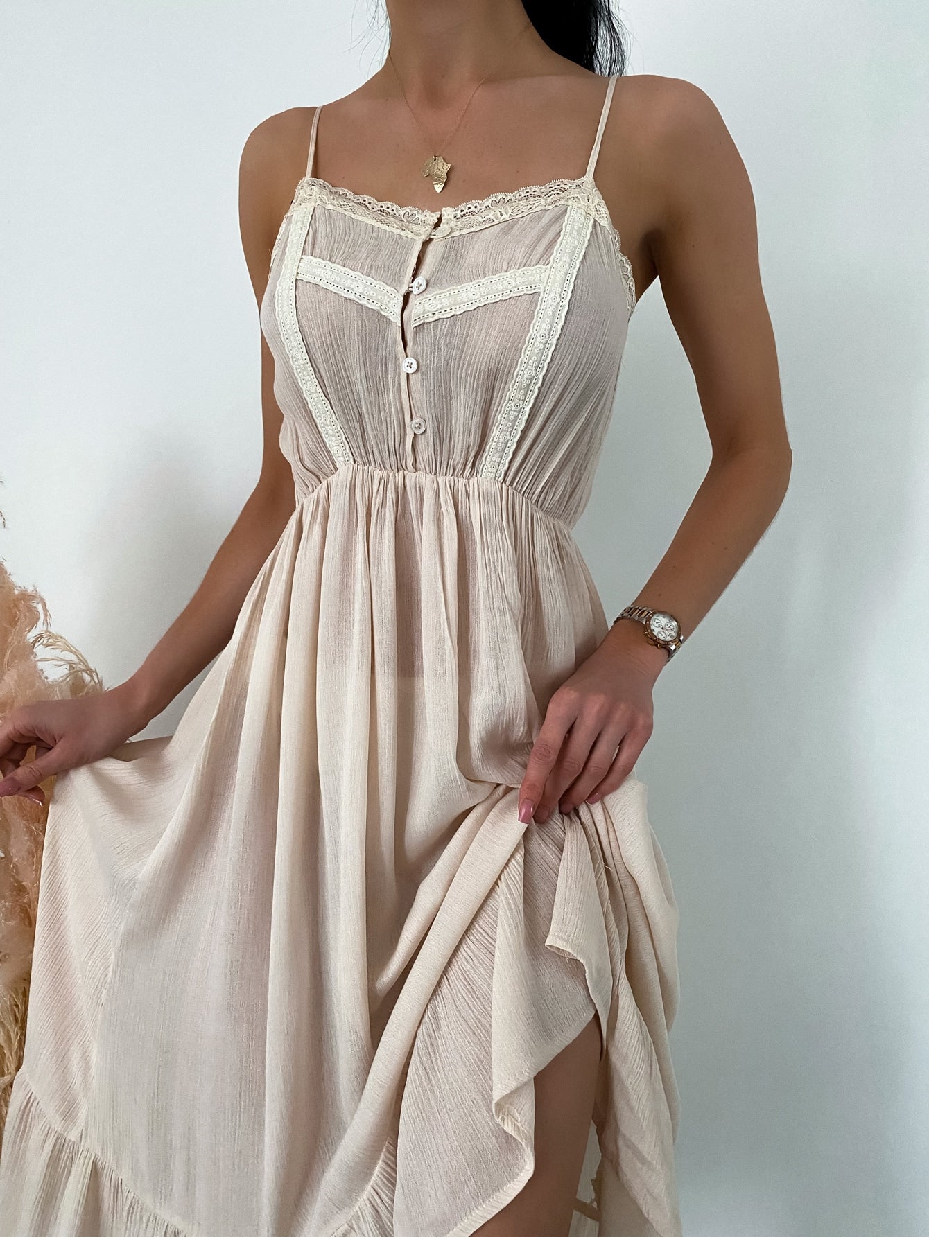 Contrast Eyelet Embroidered Panel Slip Pajama Nightdress Flowy Dress Beige