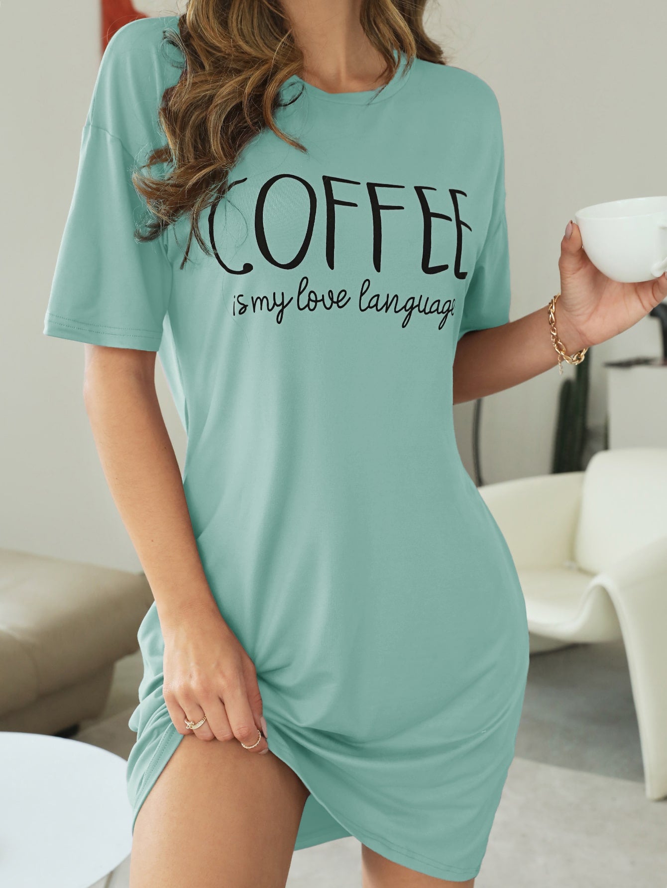 Slogan Graphic Drop Shoulder Pajama Nightdress Mint Green