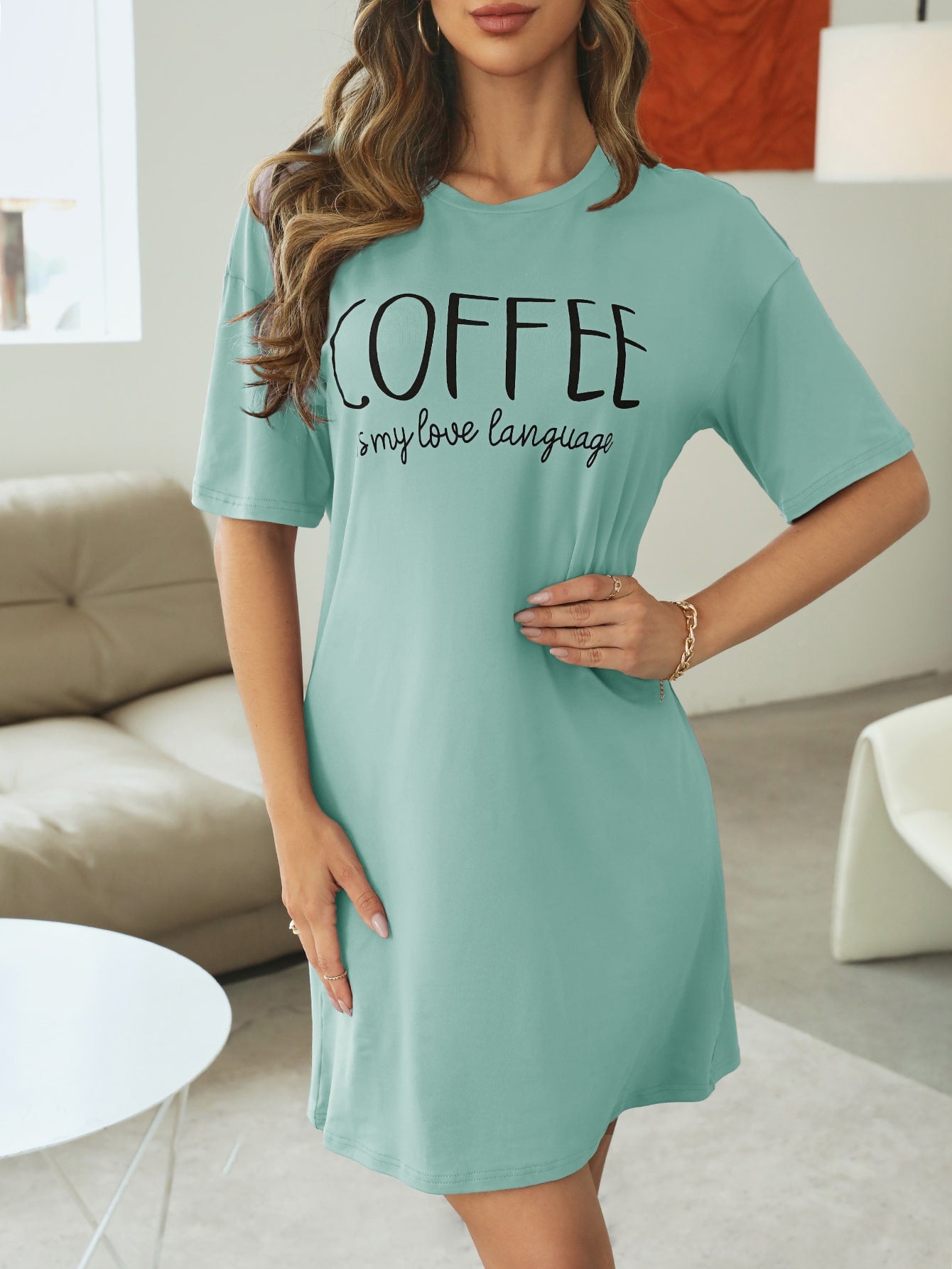 Slogan Graphic Drop Shoulder Pajama Nightdress Mint Green