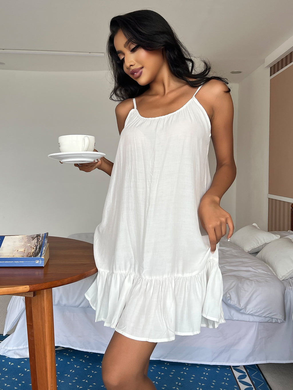 Ruffle Hem Cami Pajama Night Dress White