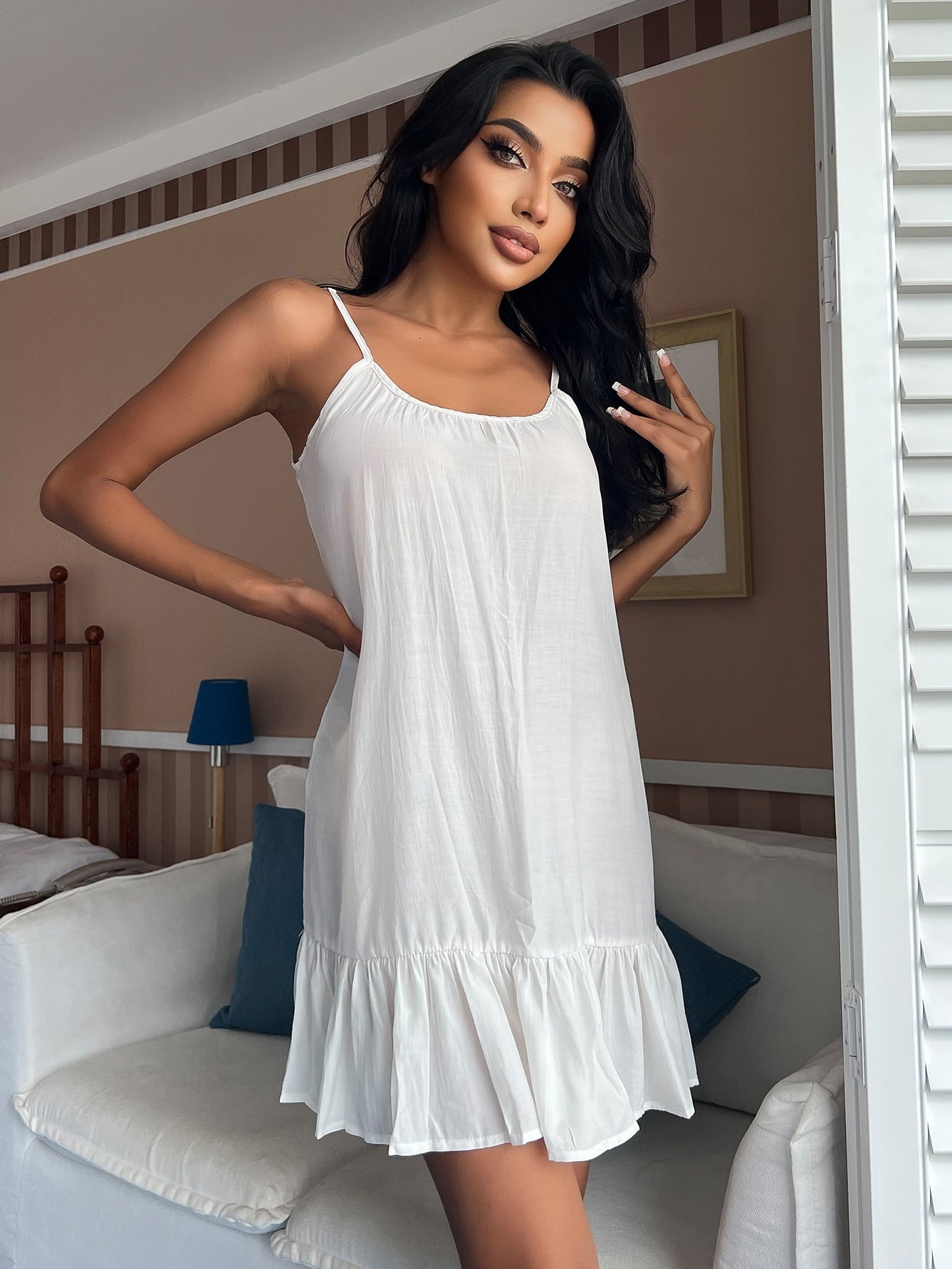 Ruffle Hem Cami Pajama Night Dress White