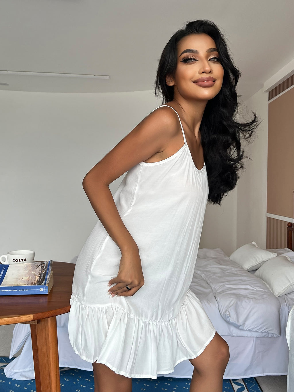 Ruffle Hem Cami Pajama Night Dress White