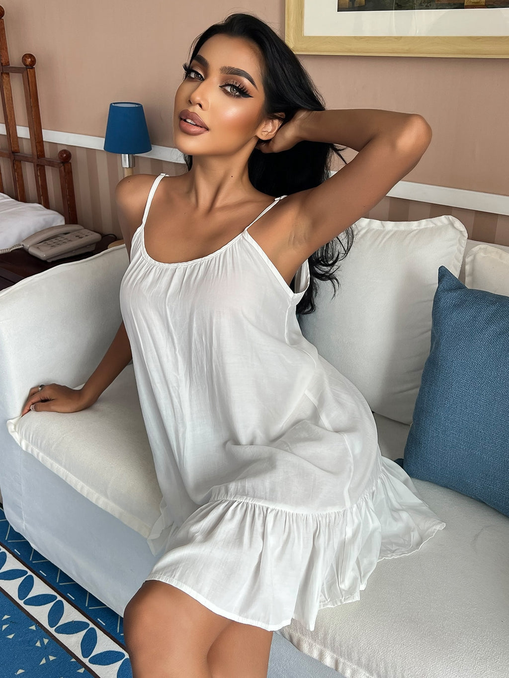 Ruffle Hem Cami Pajama Night Dress White