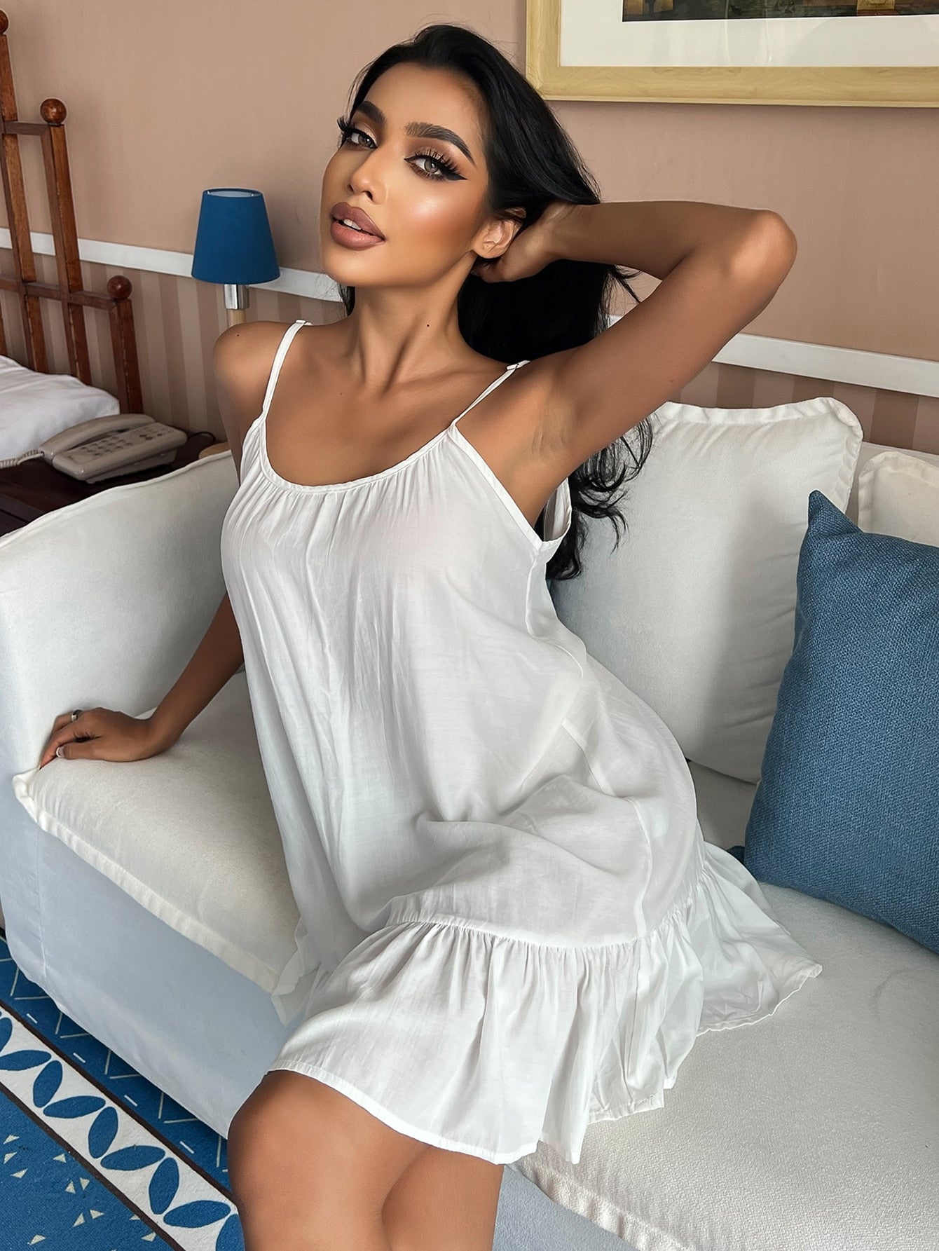 Ruffle Hem Cami Pajama Night Dress White