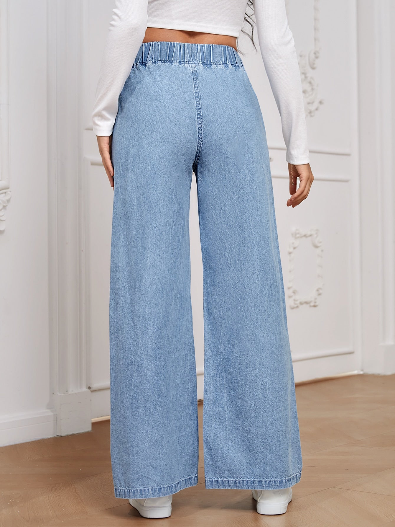 SHEIN Essnce Women All-Match Casual Elastic Waisted Wide Leg Relaxed Regular Mid-Blue Woven Thin Material Jeans Light Wash
