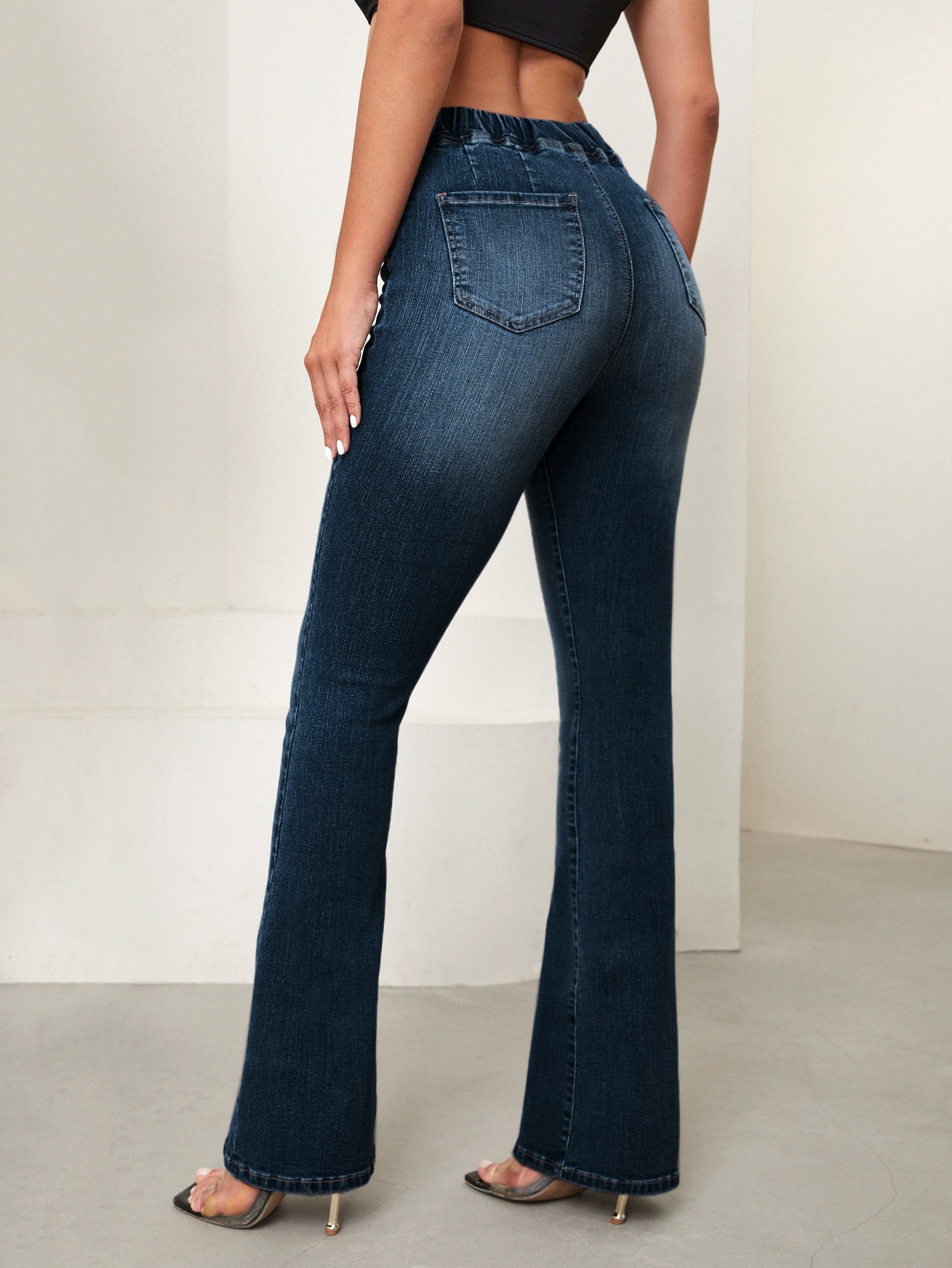 SHEIN Essnce Overlap Waist Bootcut Leg Jeans,Ladies Elegant Pocket Natural Flare Leg Long Dark Wash Cotton Regular Fit Women Jeans,Spring/Fall,Casual Daily Wear Dark Wash