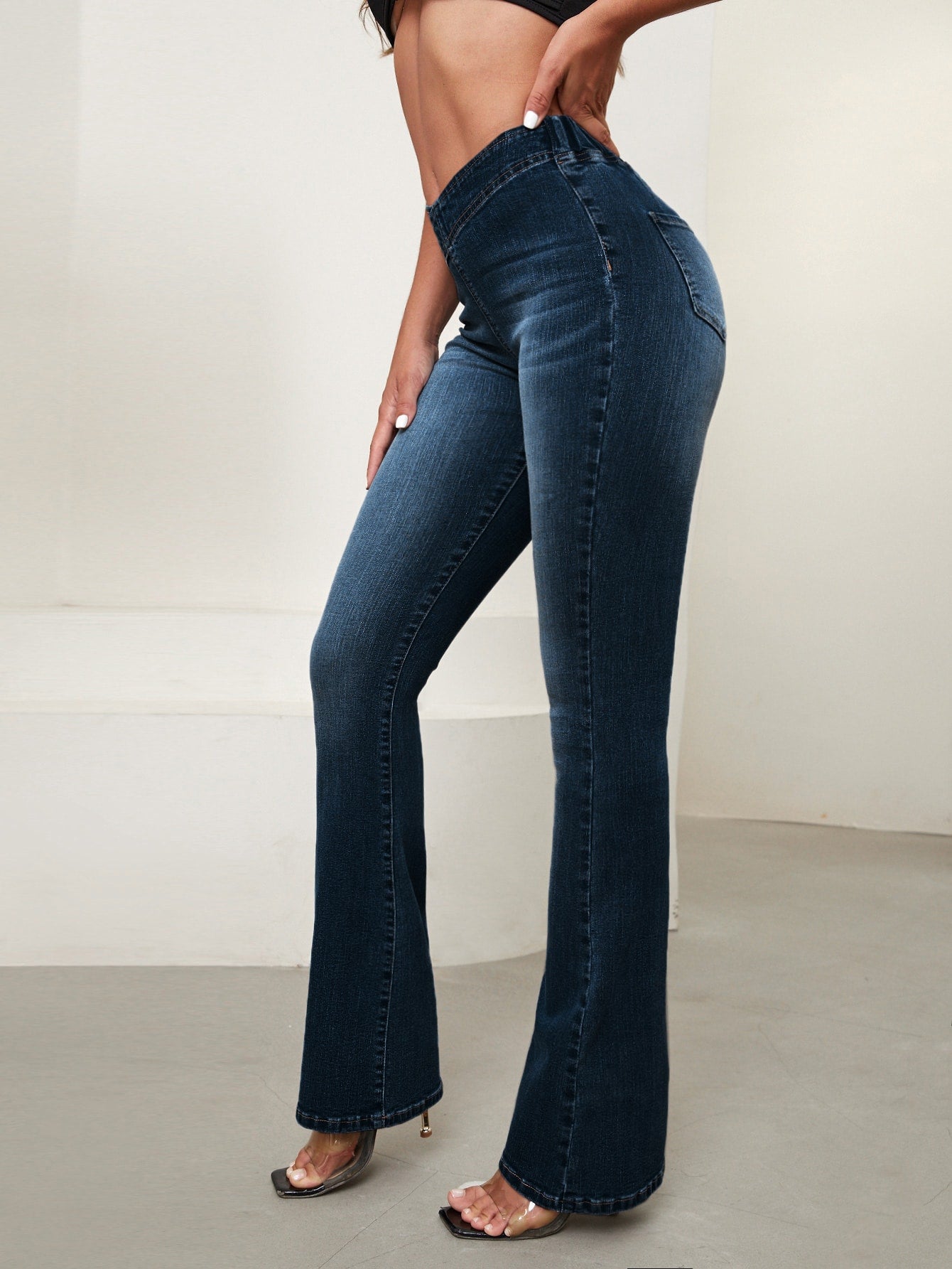 SHEIN Essnce Overlap Waist Bootcut Leg Jeans,Ladies Elegant Pocket Natural Flare Leg Long Dark Wash Cotton Regular Fit Women Jeans,Spring/Fall,Casual Daily Wear Dark Wash
