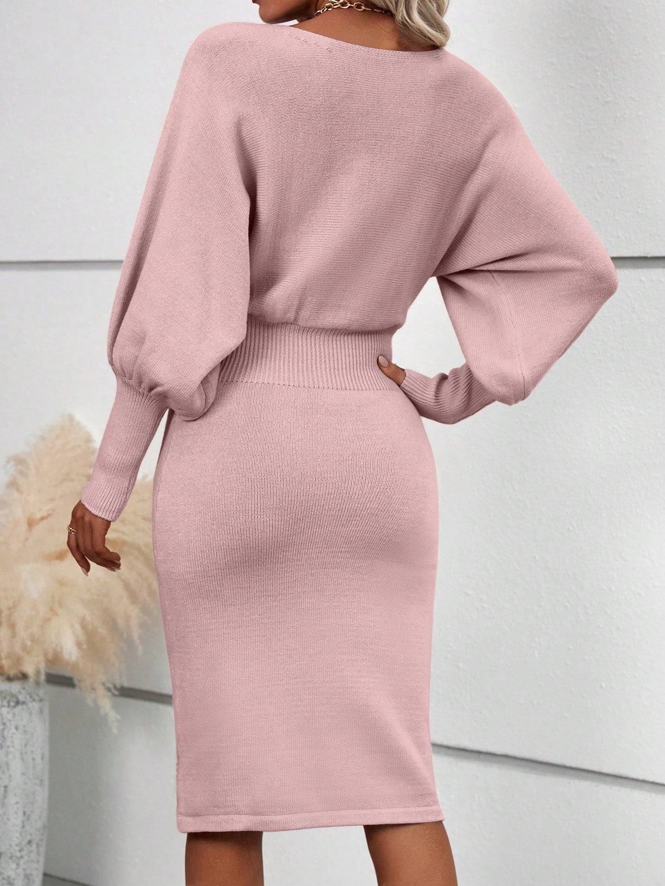 SHEIN Clasi Solid Lantern Sleeve Rib Knit Sweater Dress Pink