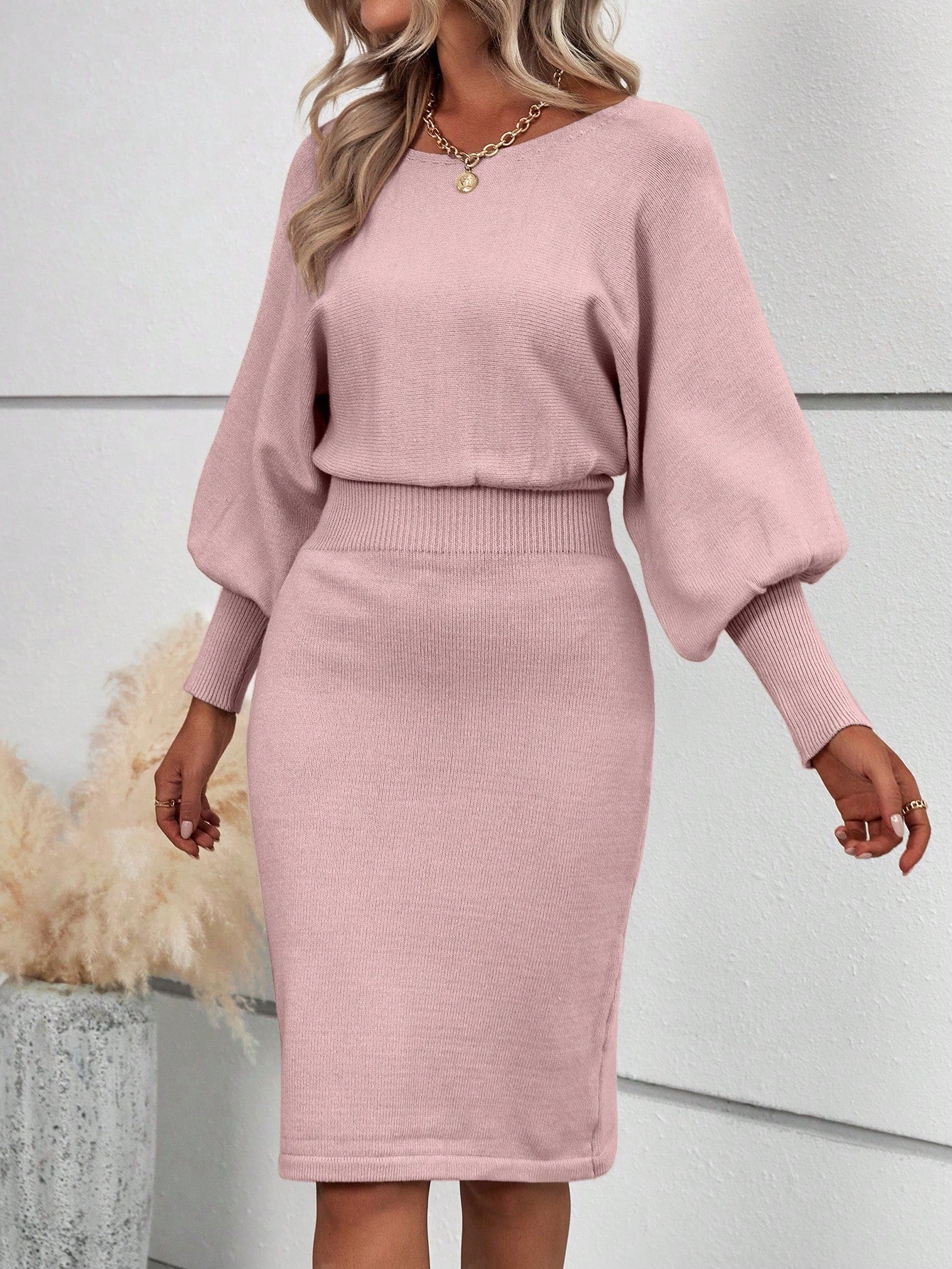 SHEIN Clasi Solid Lantern Sleeve Rib Knit Sweater Dress Pink