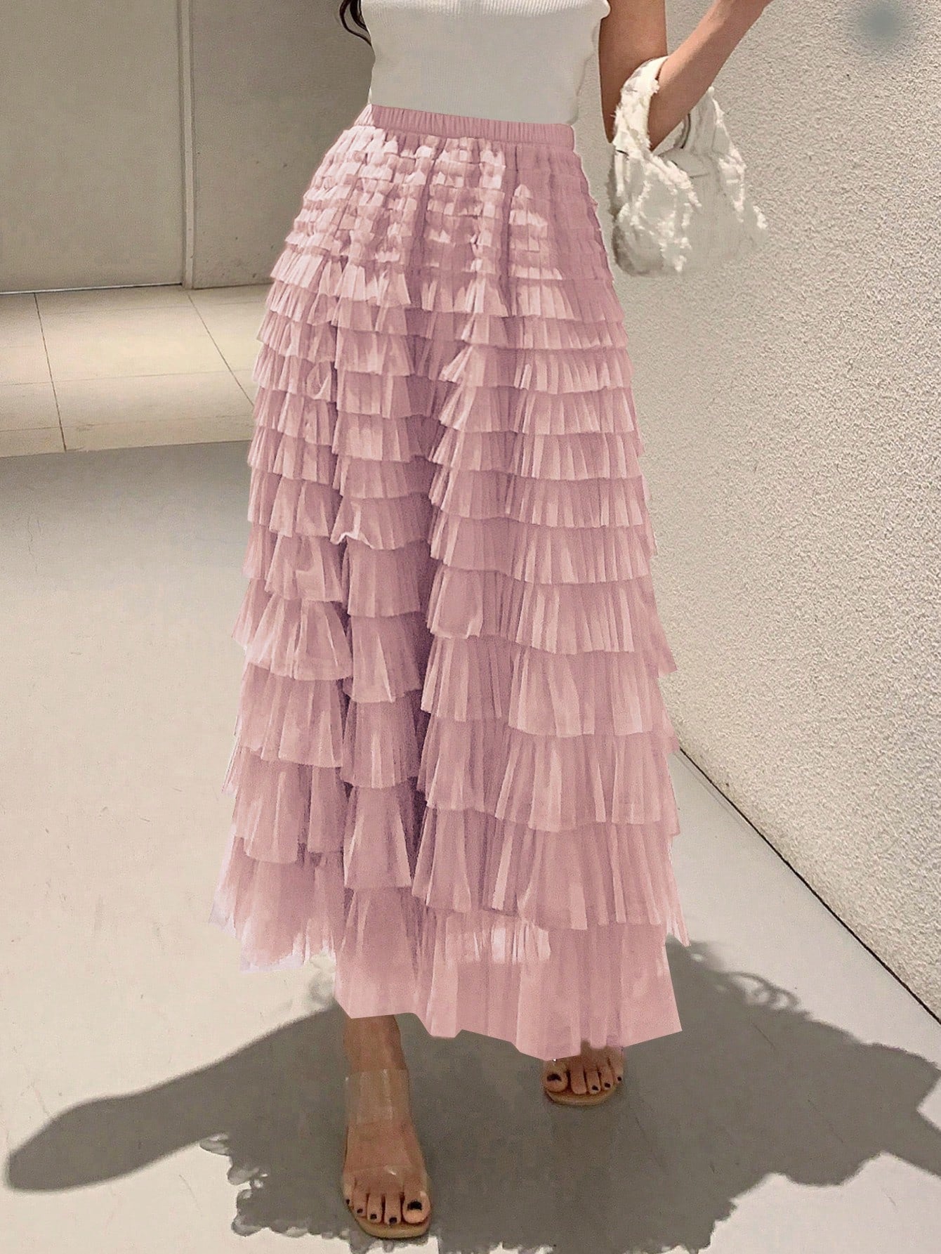 DAZY Solid Layer Ruffle Hem Mesh Skirt Valentine Valentine's Day Pink