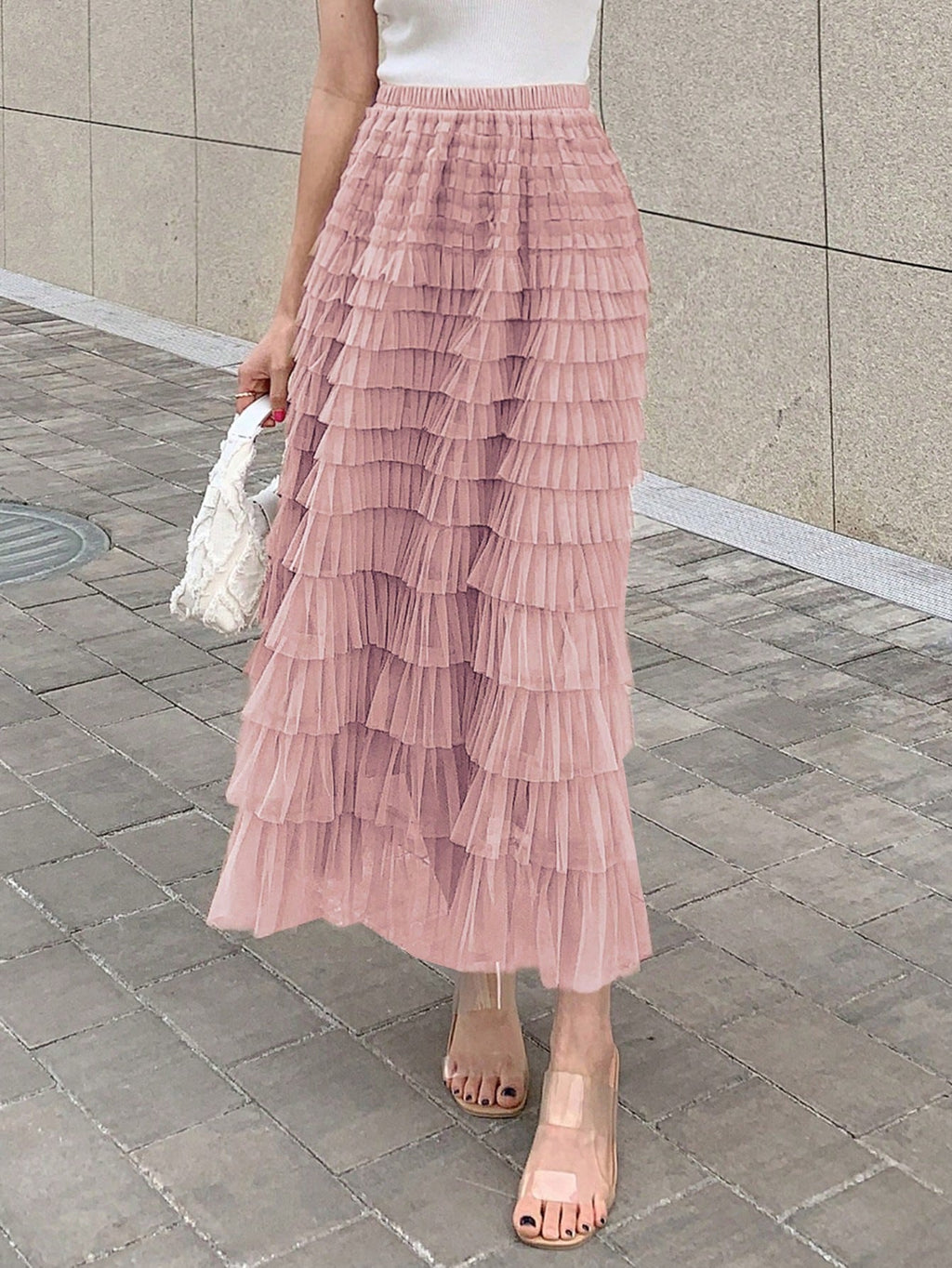 DAZY Solid Layer Ruffle Hem Mesh Skirt Valentine Valentine's Day Pink