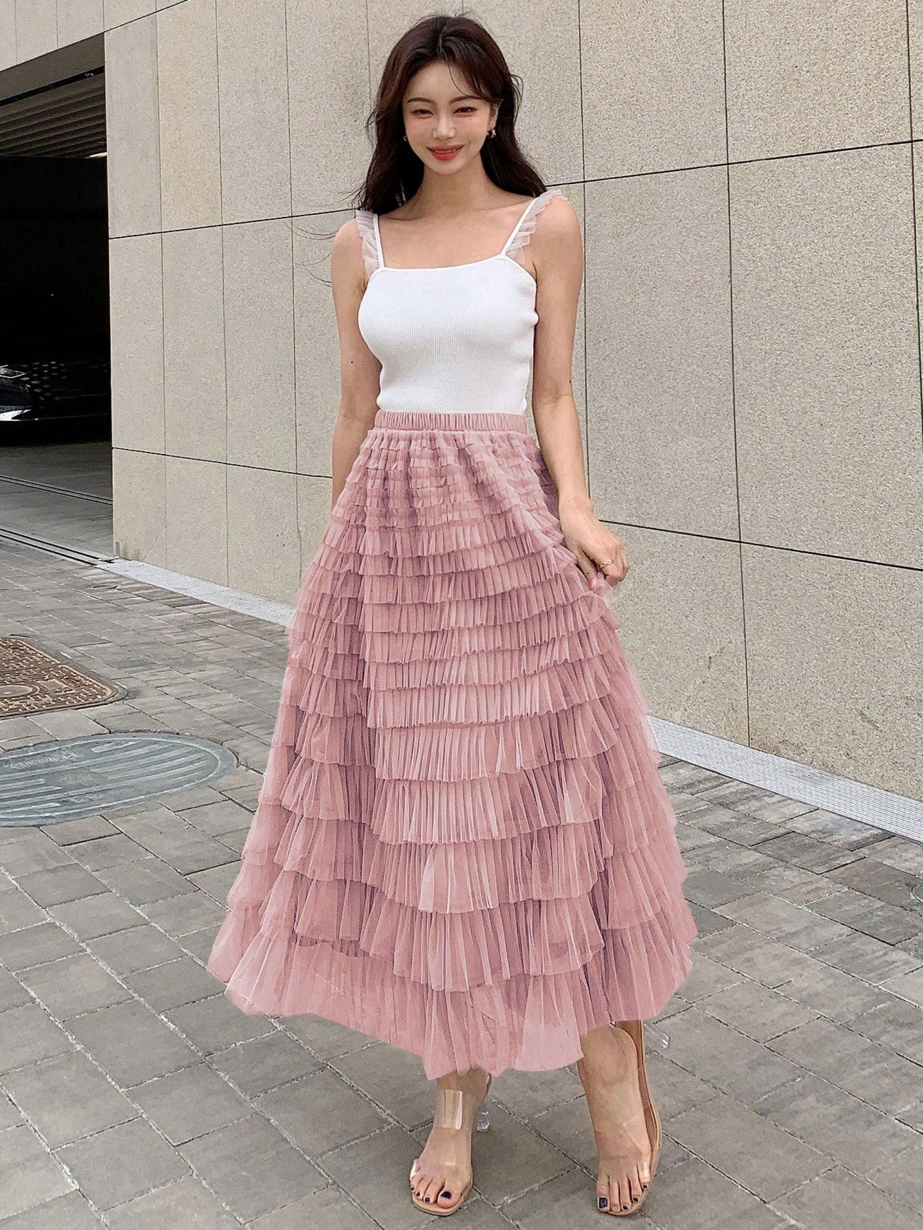 DAZY Solid Layer Ruffle Hem Mesh Skirt Valentine Valentine's Day Pink