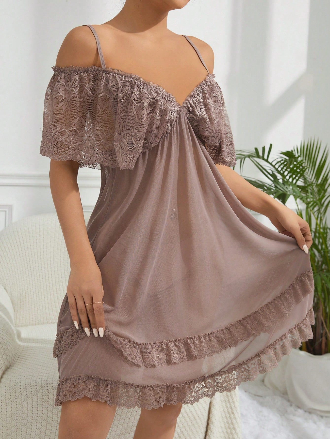 Women'S Lace Panel Hollow Out Shoulder Sleep Dress Pajama Dress Dusty Pink