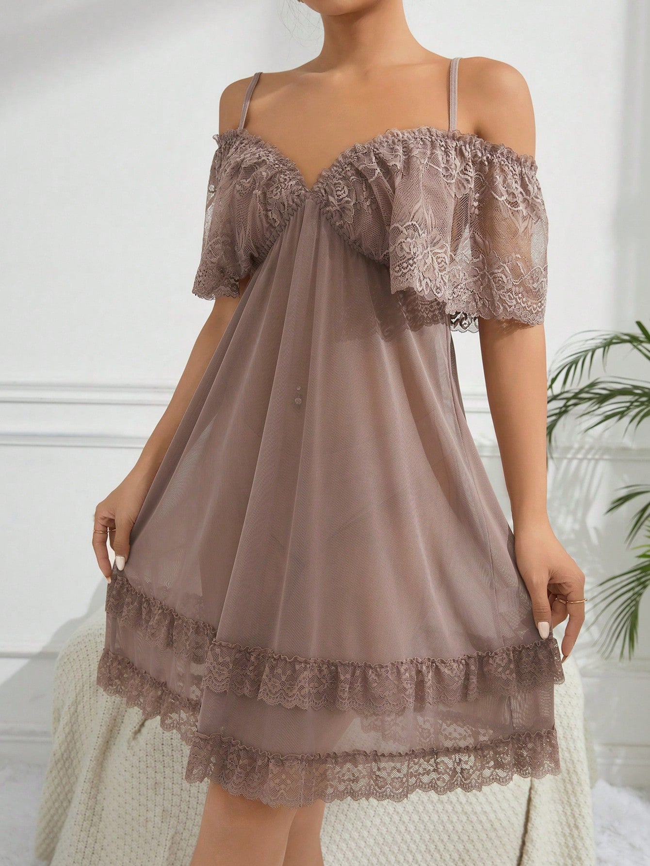Women'S Lace Panel Hollow Out Shoulder Sleep Dress Pajama Dress Dusty Pink