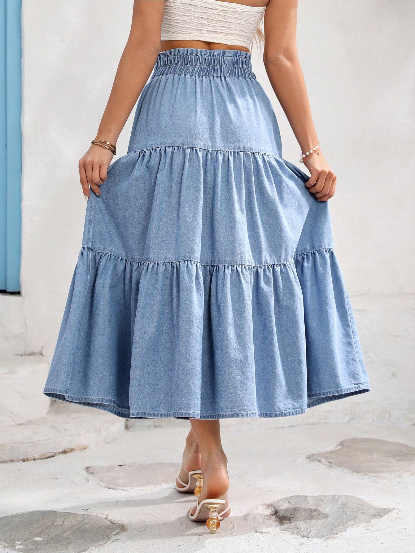 Vivid Eden Women's Loose Elastic Waist Denim Skirt Casual Style Blue White