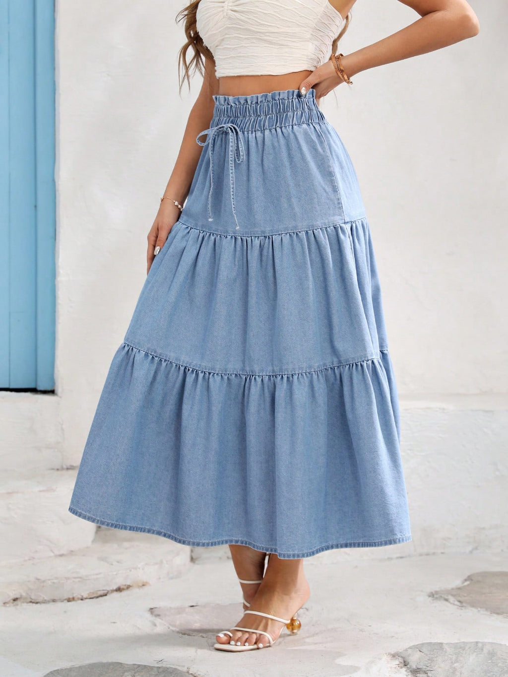 Vivid Eden Women's Loose Elastic Waist Denim Skirt Casual Style Blue White