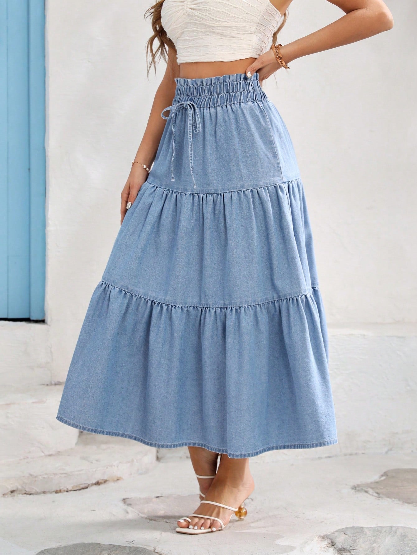 Vivid Eden Women's Loose Elastic Waist Denim Skirt Casual Style Blue White