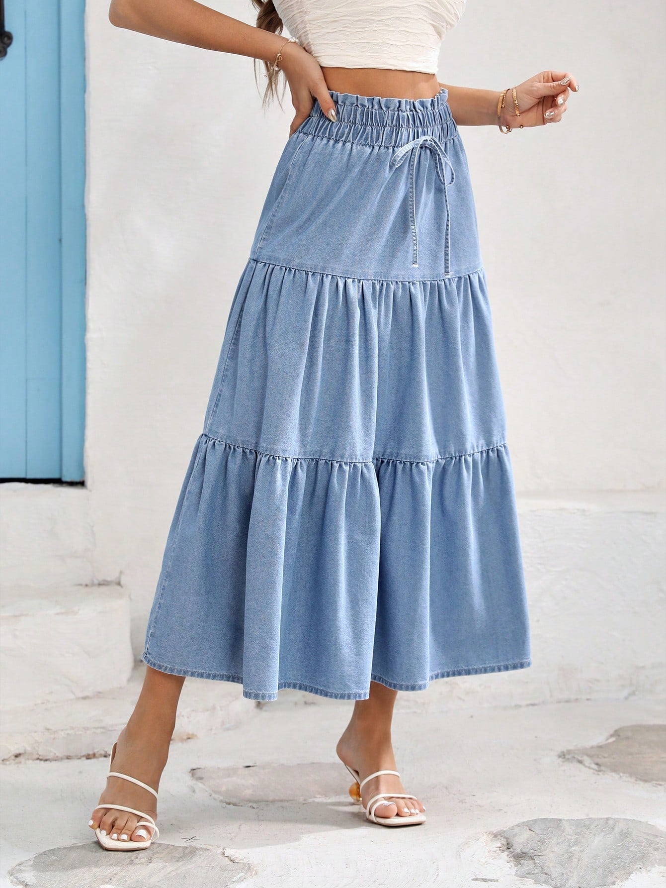 Vivid Eden Women's Loose Elastic Waist Denim Skirt Casual Style Blue White