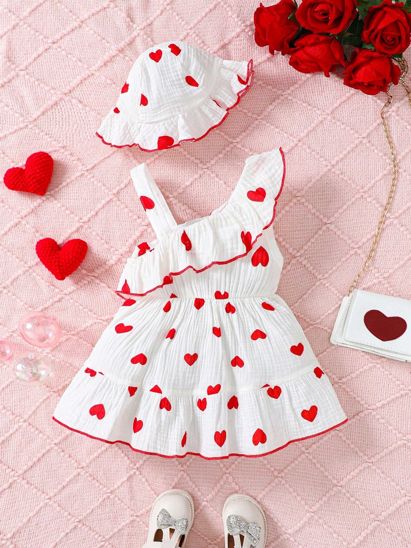 Summer Baby Girl Lovely Heart Printed Double-Layer Pleated Dress With Fashionable Hat 2pcs/Set Red and White