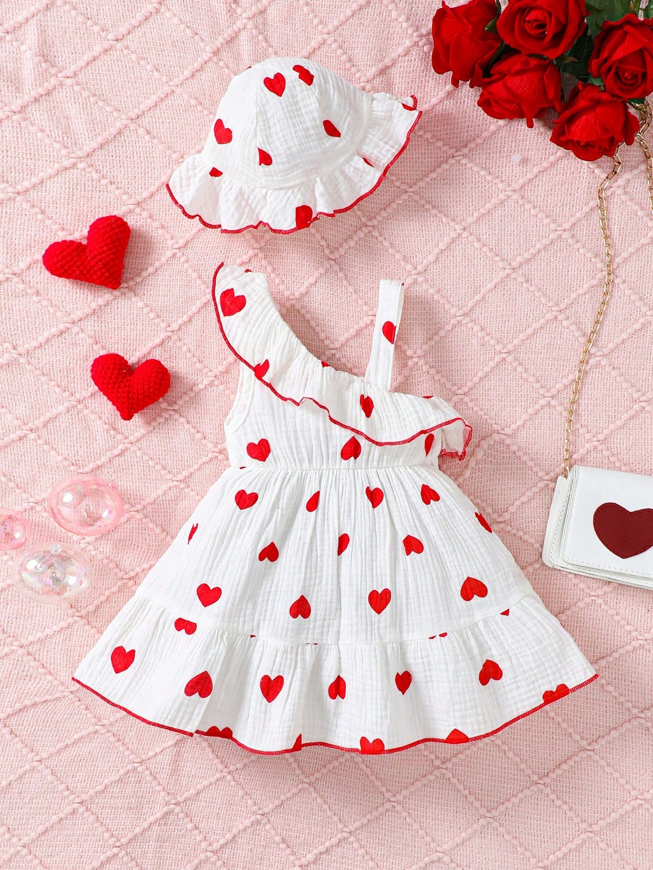 Summer Baby Girl Lovely Heart Printed Double-Layer Pleated Dress With Fashionable Hat 2pcs/Set Red and White