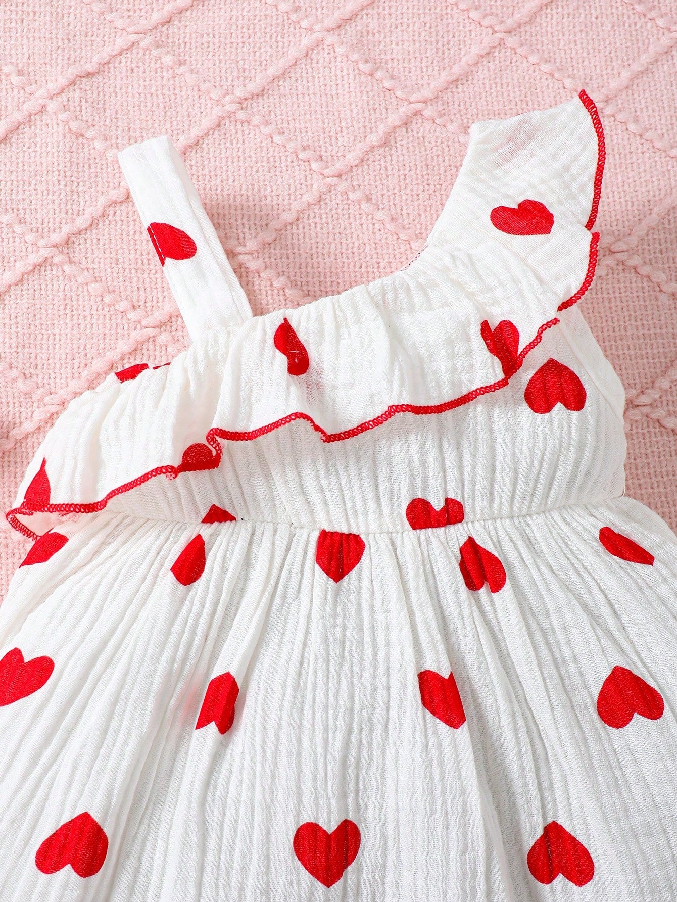 Summer Baby Girl Lovely Heart Printed Double-Layer Pleated Dress With Fashionable Hat 2pcs/Set Red and White