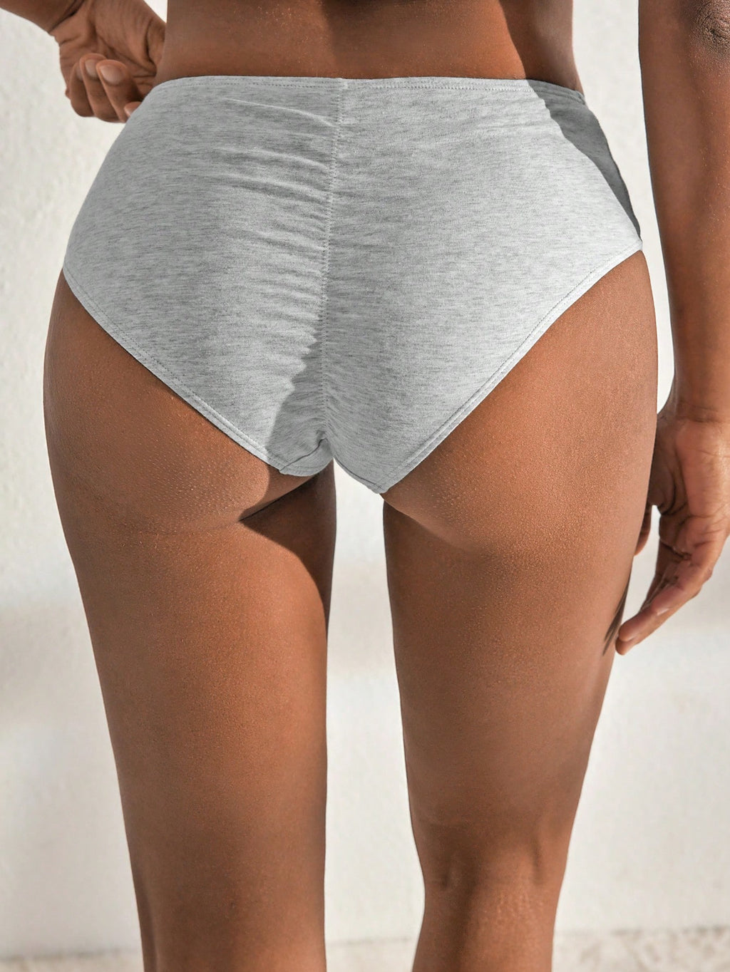 SHEIN Leisure Natural Comfy & Breathable Cotton Pleated Back Solid Brief-Melange Gray Light Grey