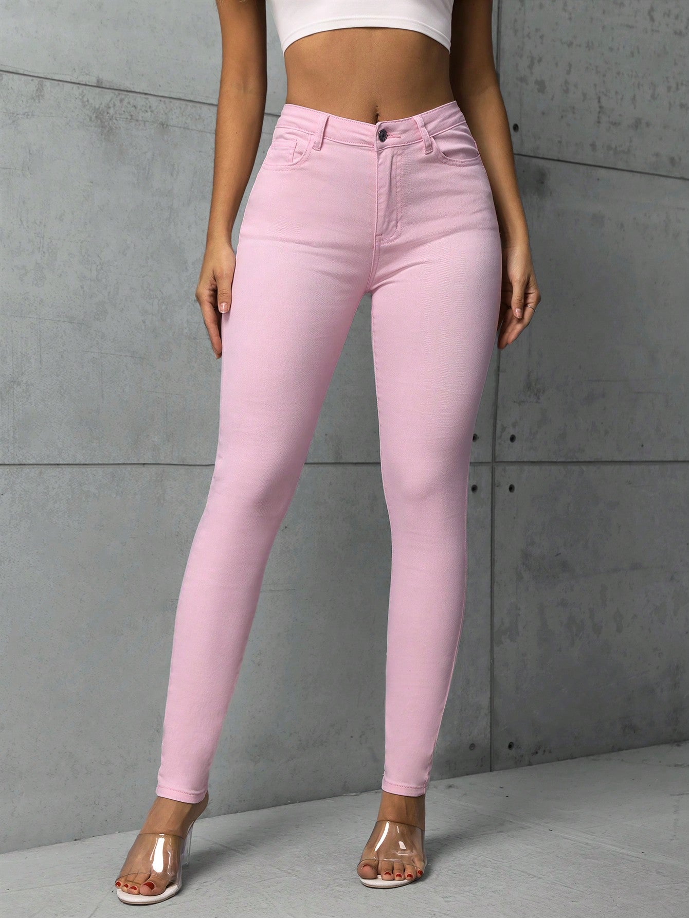 SHEIN Essnce Solid Color Fashionable Slim Fit Jeans With Slant Pockets Pink
