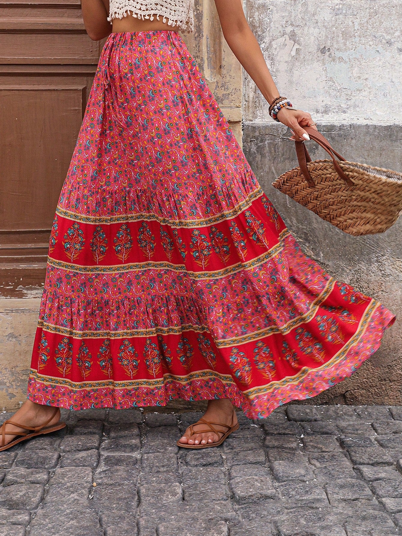 SHEIN LUNE Women Color Block Butterfly Printed Maxi A-Line Skirt For Vacation Pink