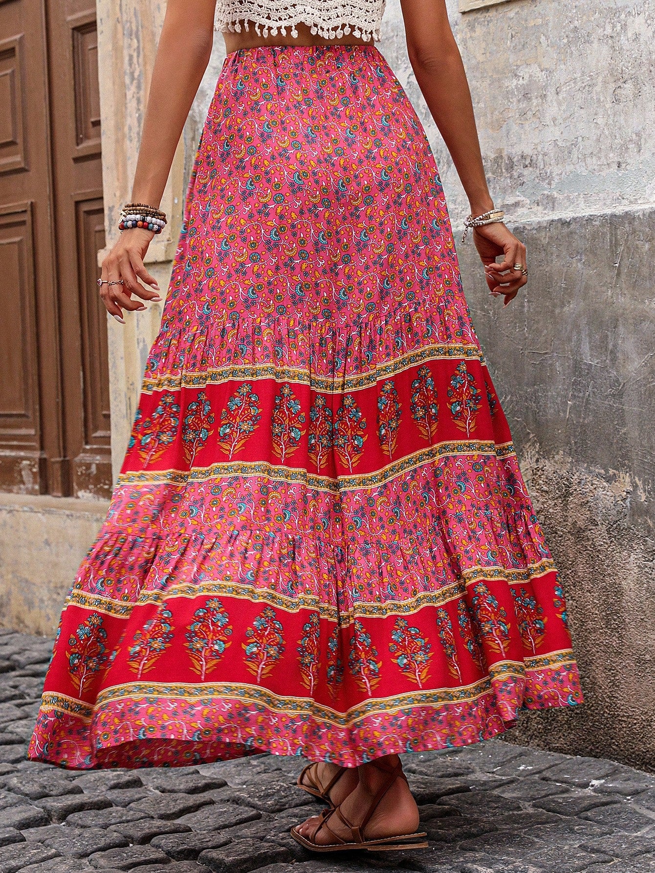 SHEIN LUNE Women Color Block Butterfly Printed Maxi A-Line Skirt For Vacation Pink
