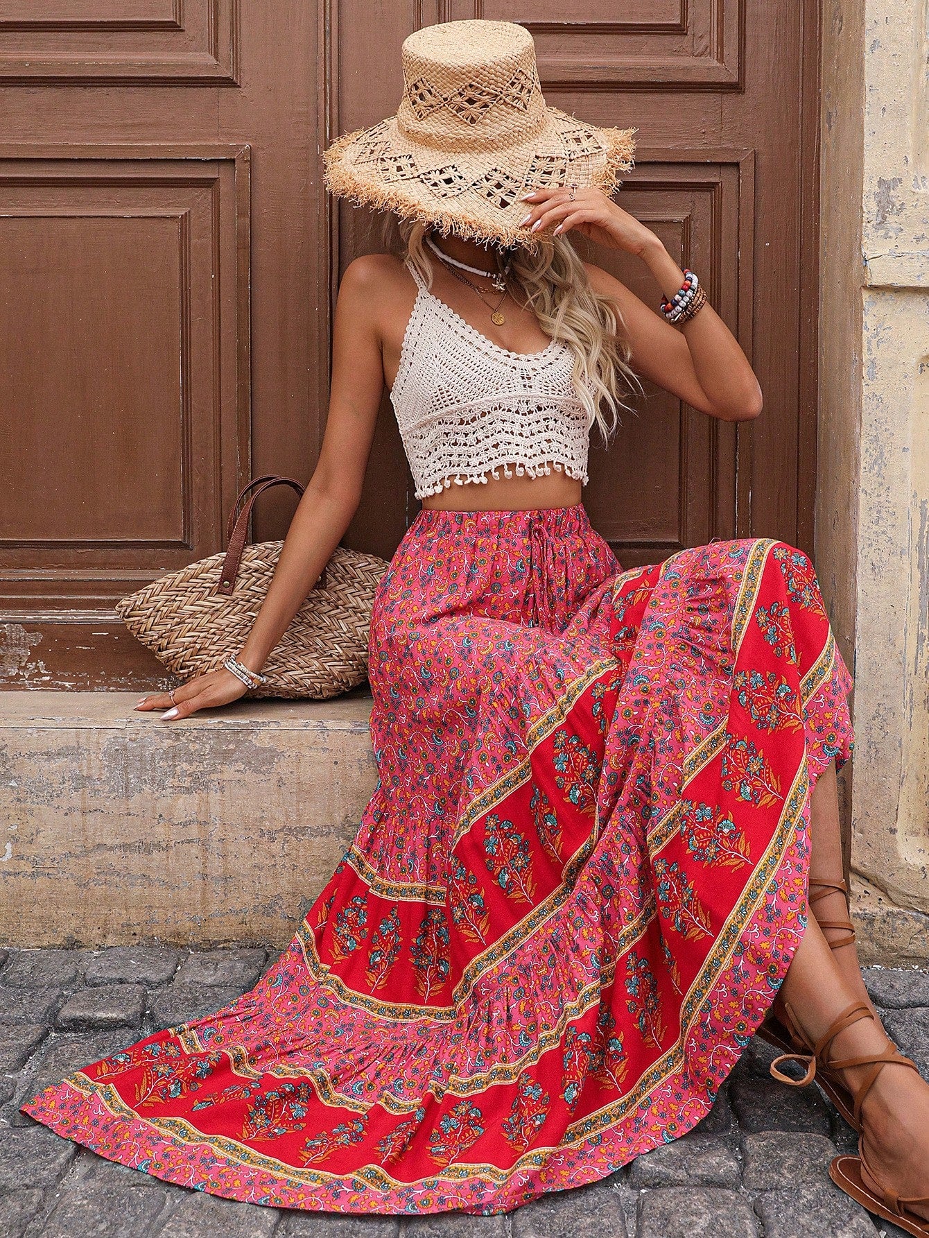 SHEIN LUNE Women Color Block Butterfly Printed Maxi A-Line Skirt For Vacation Pink