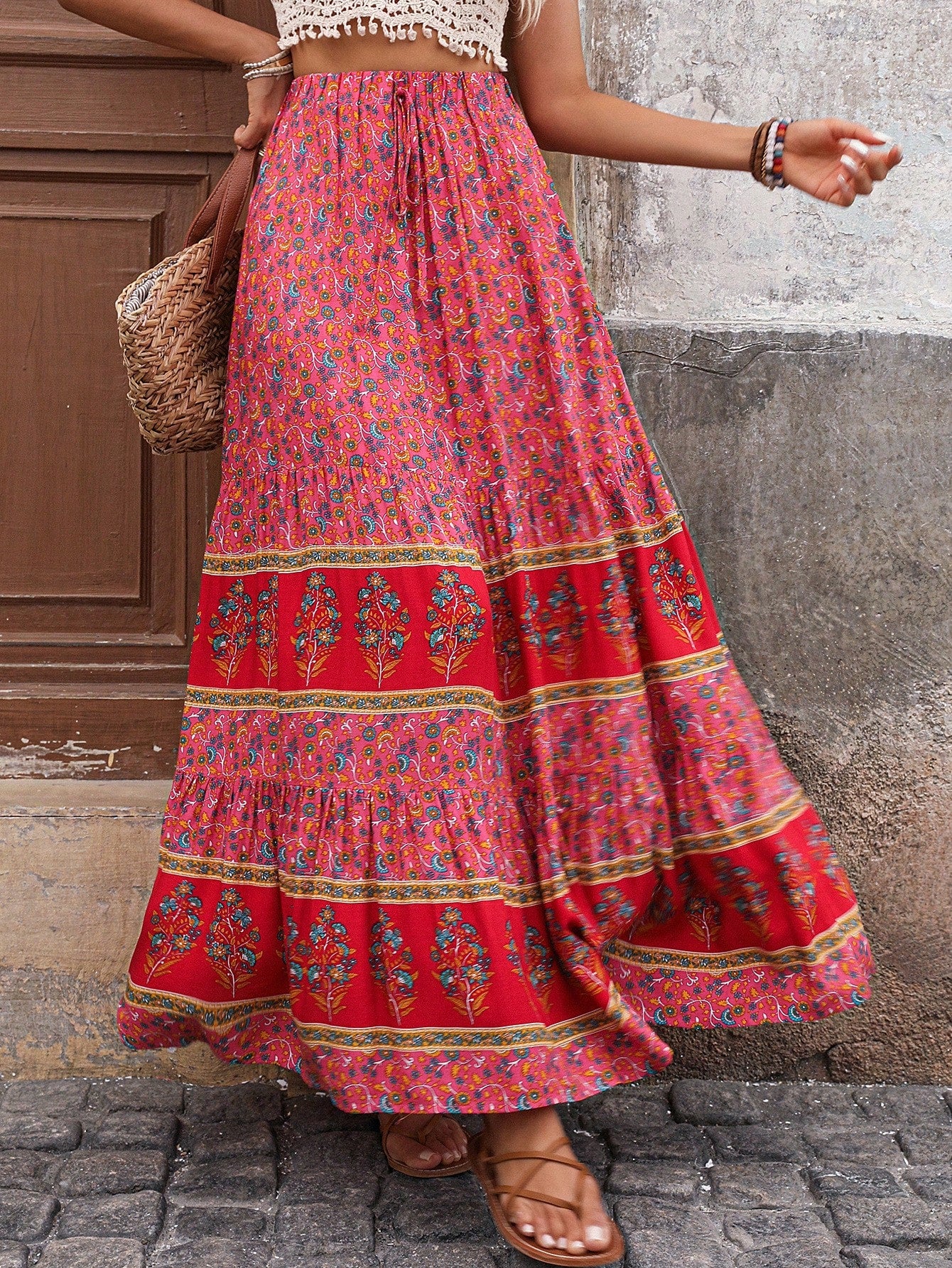 SHEIN LUNE Women Color Block Butterfly Printed Maxi A-Line Skirt For Vacation Pink