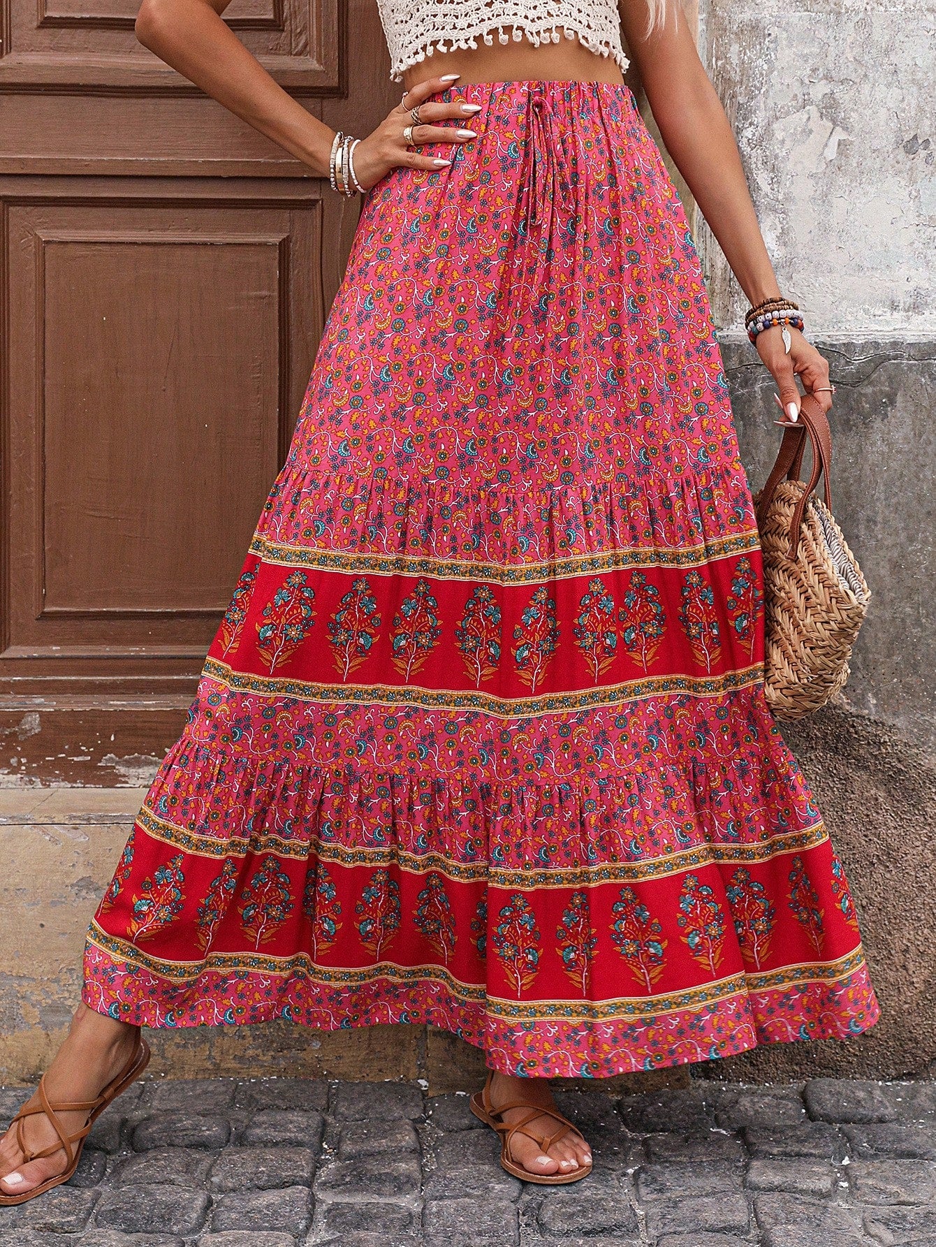 SHEIN LUNE Women Color Block Butterfly Printed Maxi A-Line Skirt For Vacation Pink