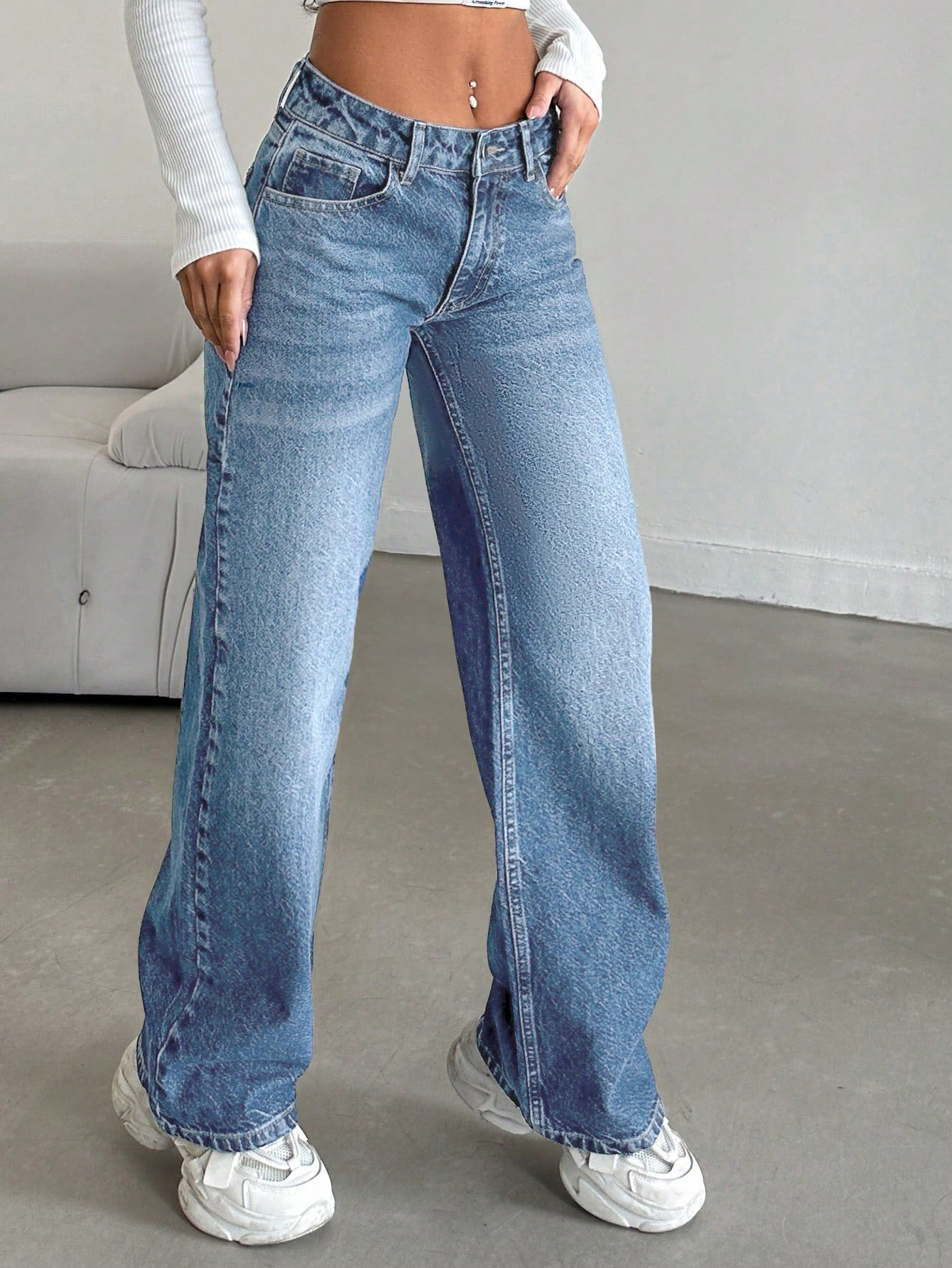 100%Cotton Women Straight-Leg Casual Jeans With Pockets And Loose Fit Blue