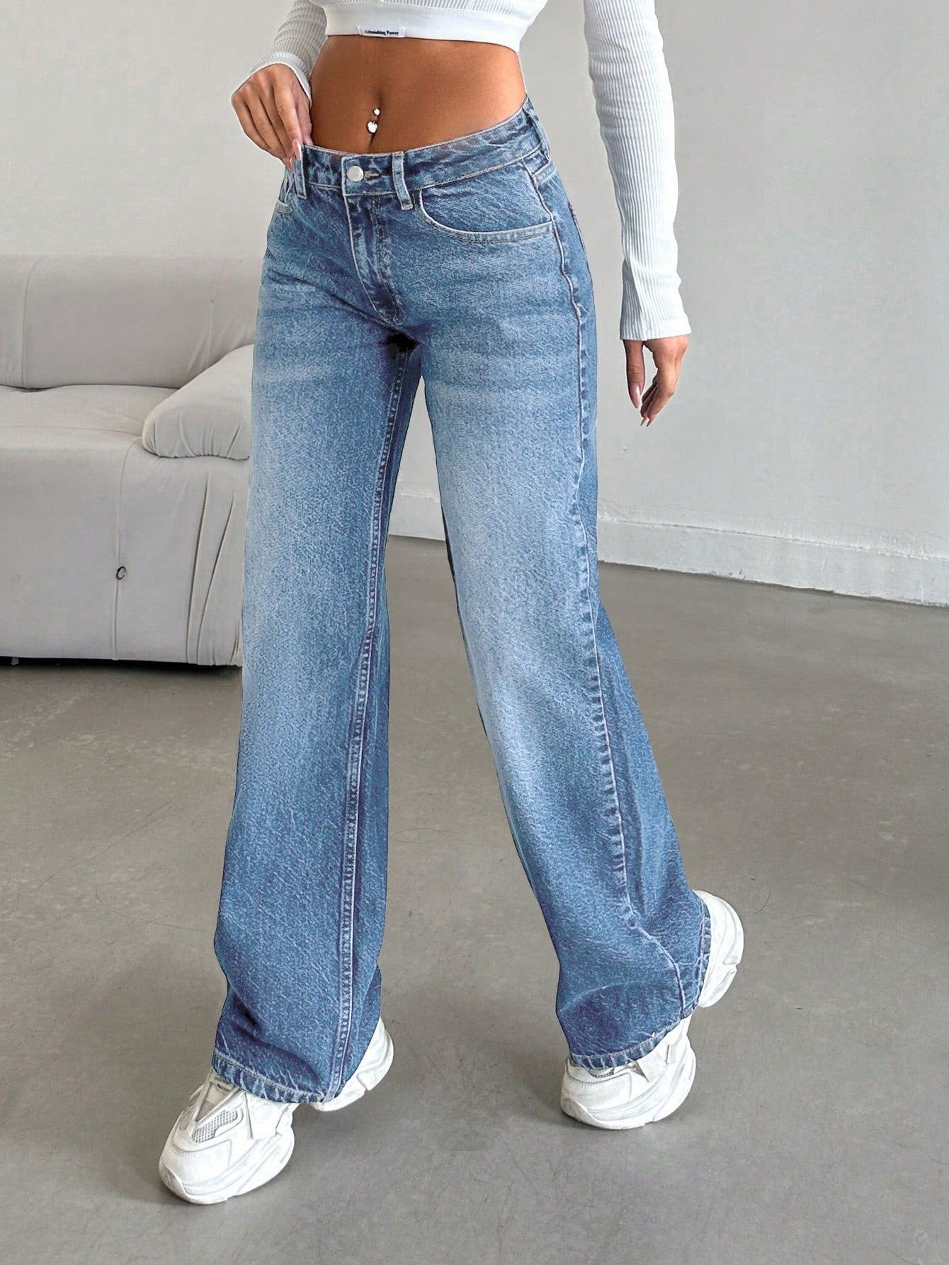 100%Cotton Women Straight-Leg Casual Jeans With Pockets And Loose Fit Blue