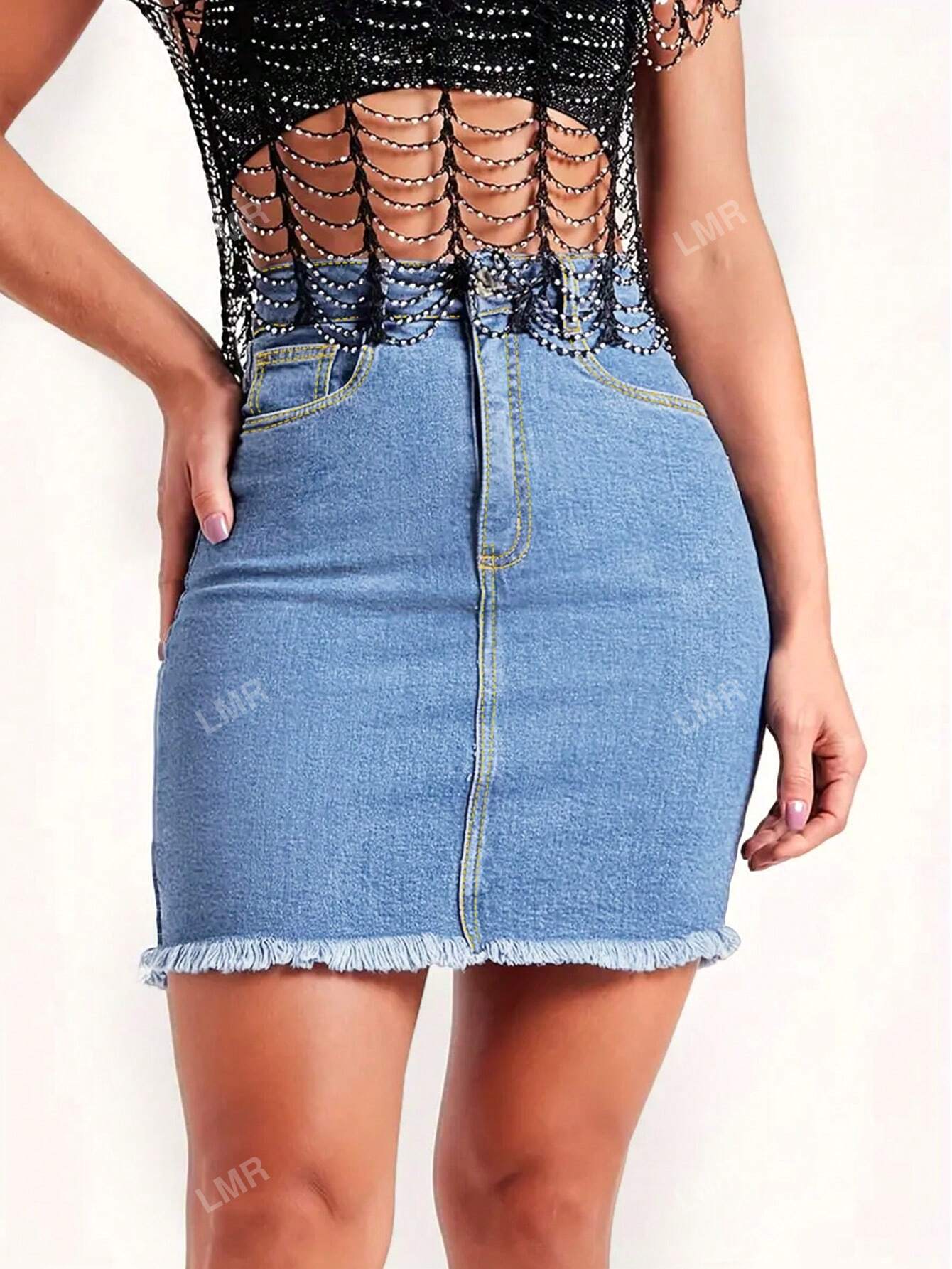 Tight-Fitting Pencil Denim Skirt With Frayed Hem Light Wash
