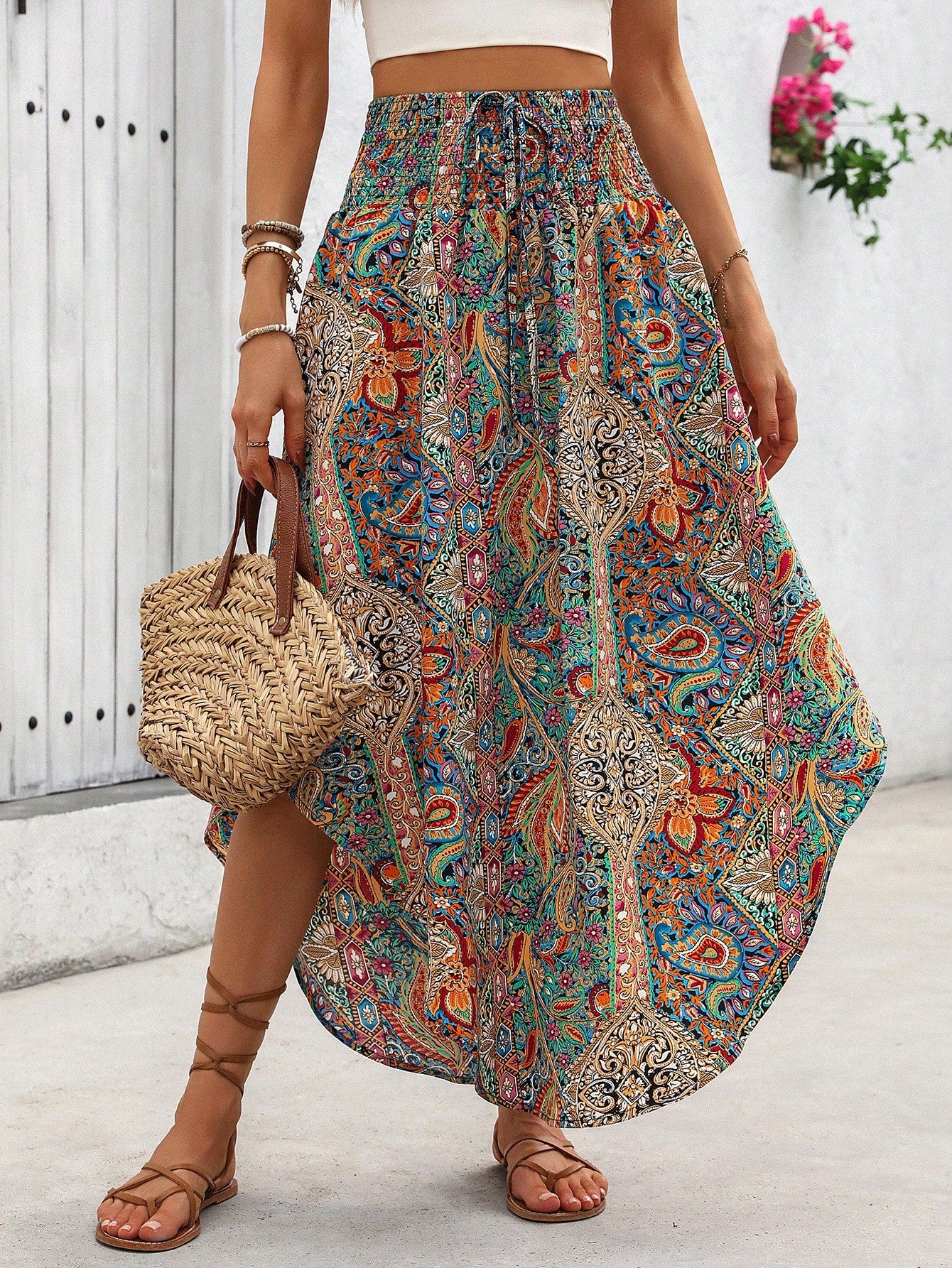 SHEIN Holidaya Holiday Random Paisley Print Curved Hem Skirt Maxi Vacation Beach Outfits Women Multicolor