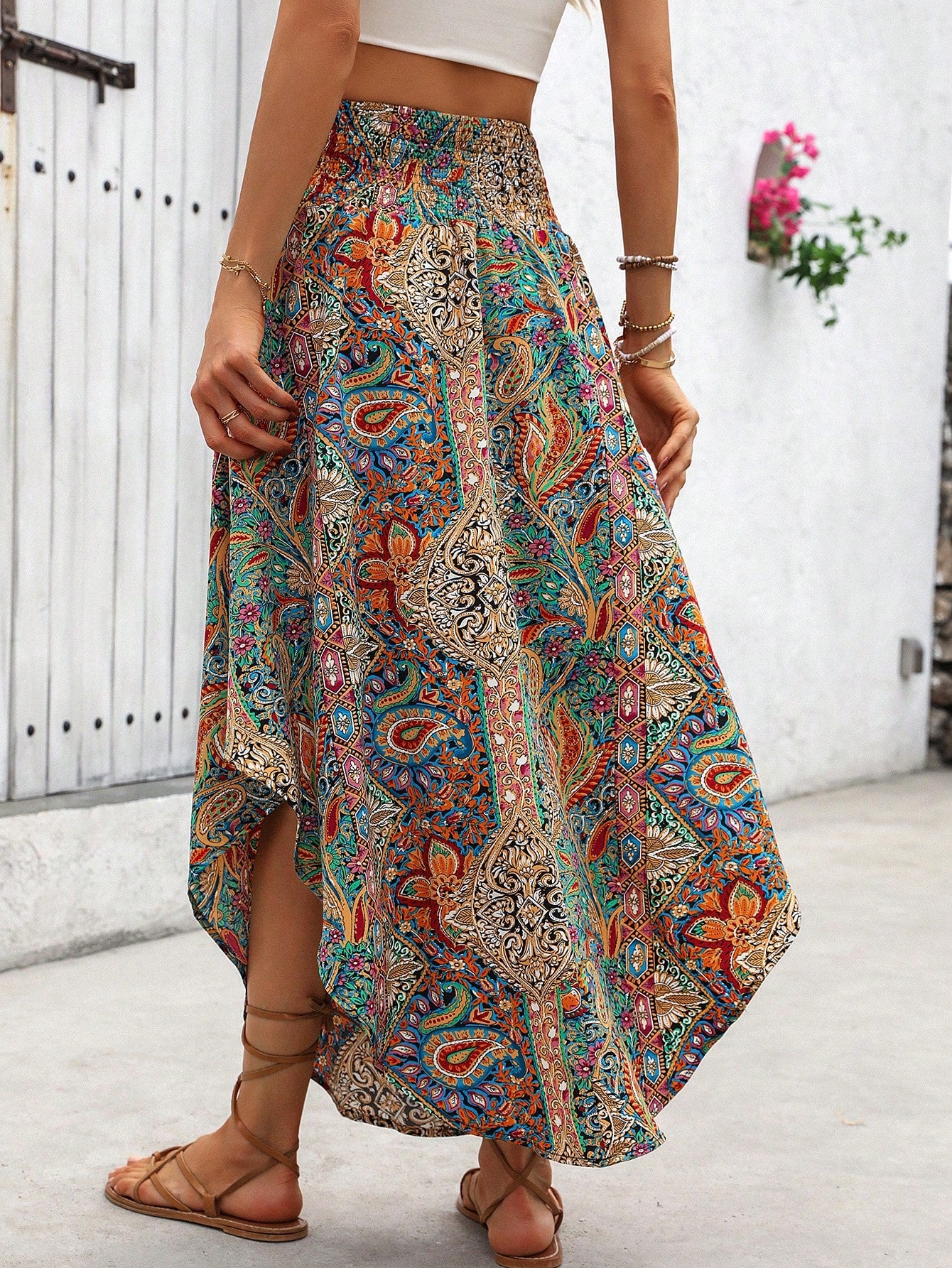 SHEIN Holidaya Holiday Random Paisley Print Curved Hem Skirt Maxi Vacation Beach Outfits Women Multicolor