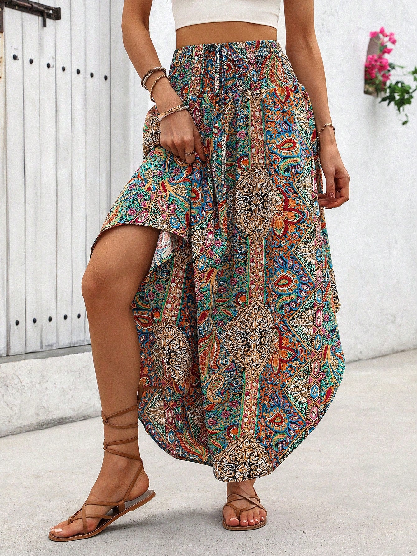 SHEIN Holidaya Holiday Random Paisley Print Curved Hem Skirt Maxi Vacation Beach Outfits Women Multicolor