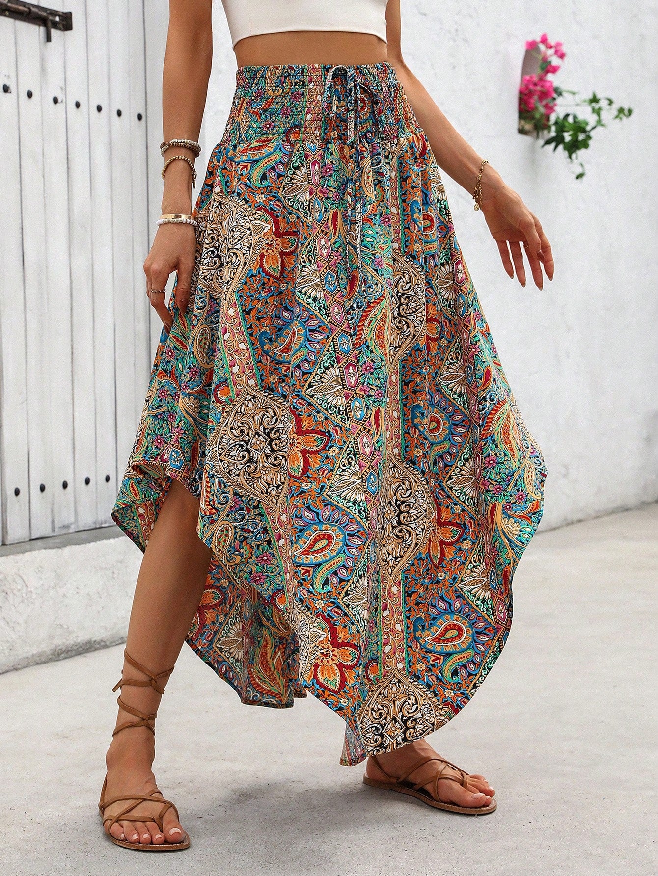 SHEIN Holidaya Holiday Random Paisley Print Curved Hem Skirt Maxi Vacation Beach Outfits Women Multicolor