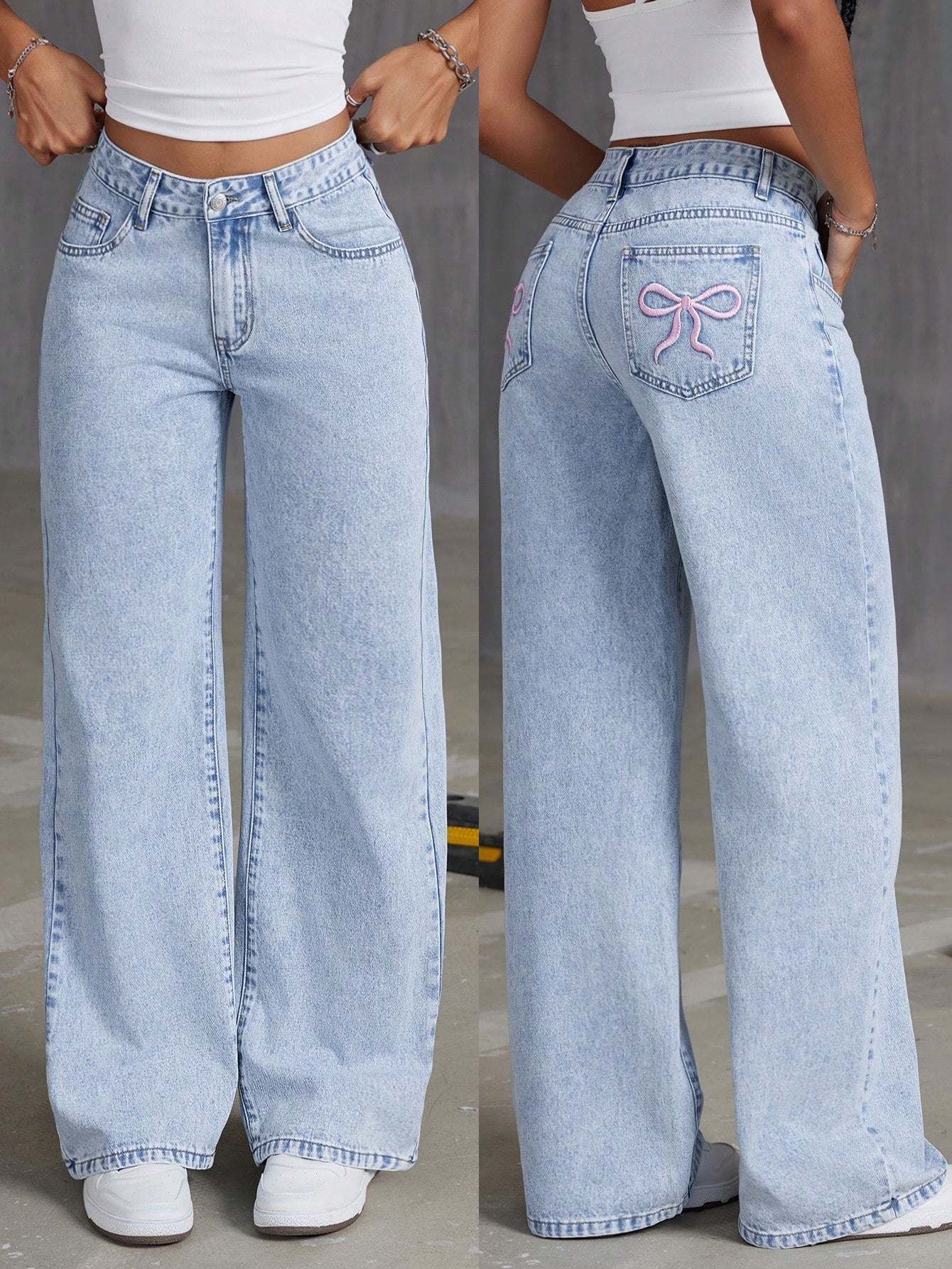 SHEIN ICON Women Embroidered Bowknot Washed Denim Jeans Light Wash