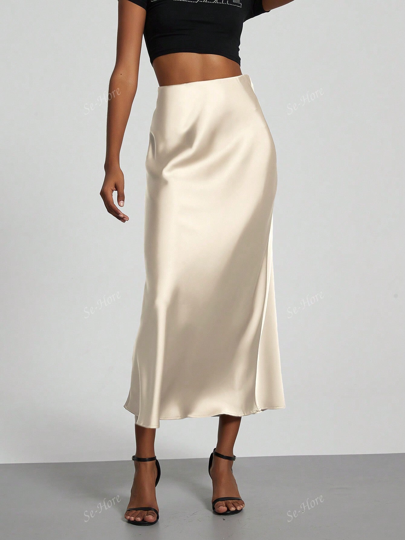 Women's Elastic Satin Silk Texture Midi Skirt Beige