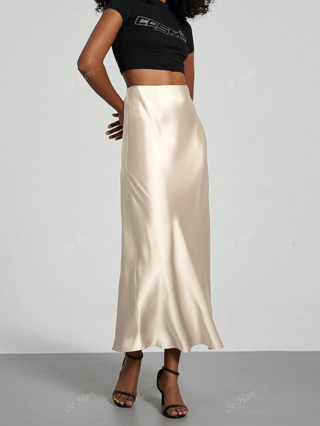 Women's Elastic Satin Silk Texture Midi Skirt Beige