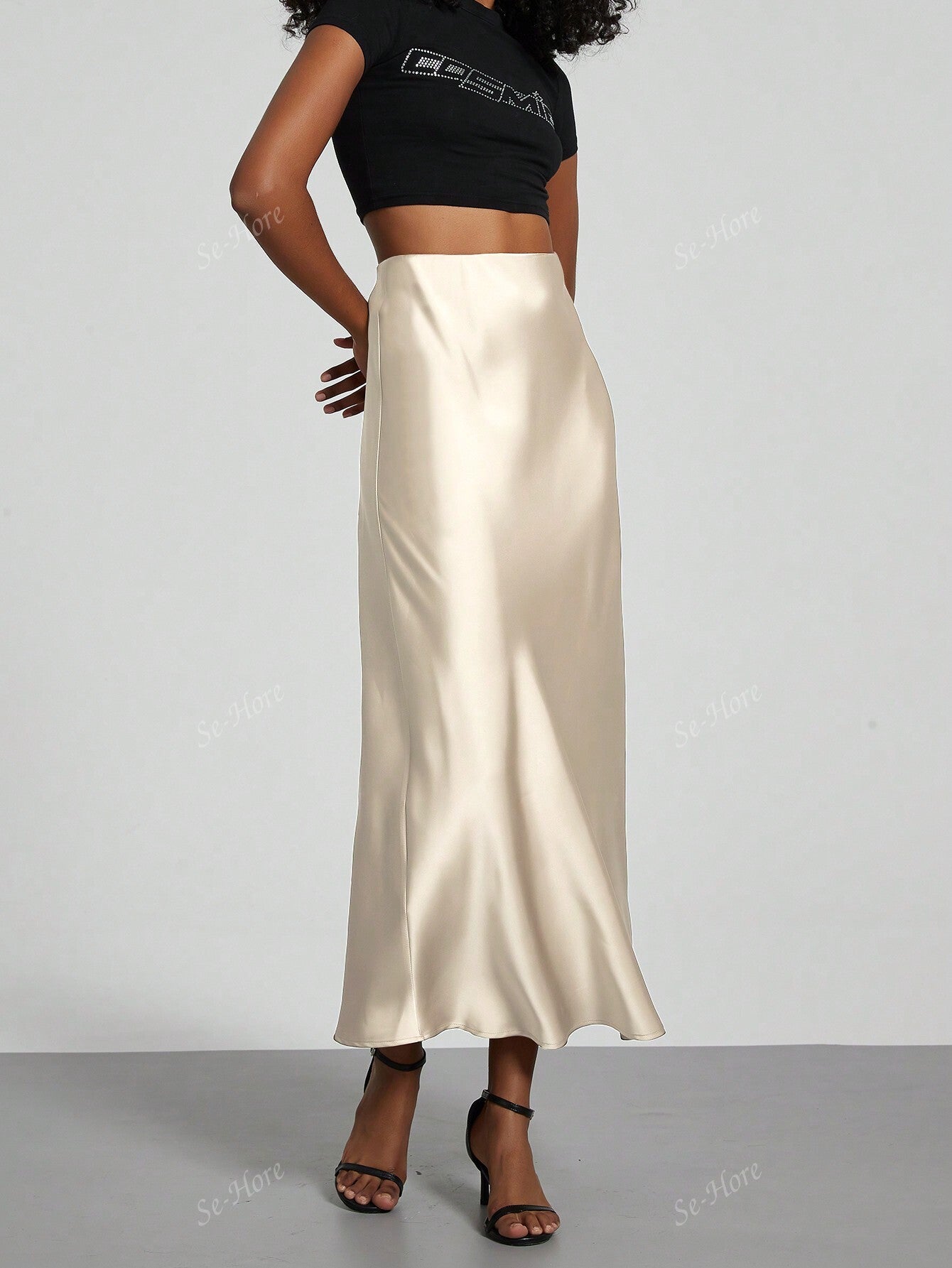 Women's Elastic Satin Silk Texture Midi Skirt Beige
