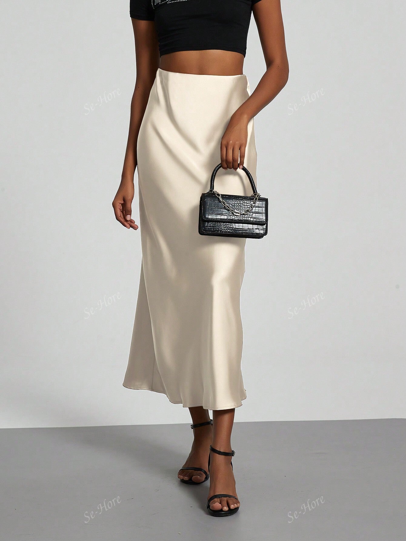 Women's Elastic Satin Silk Texture Midi Skirt Beige