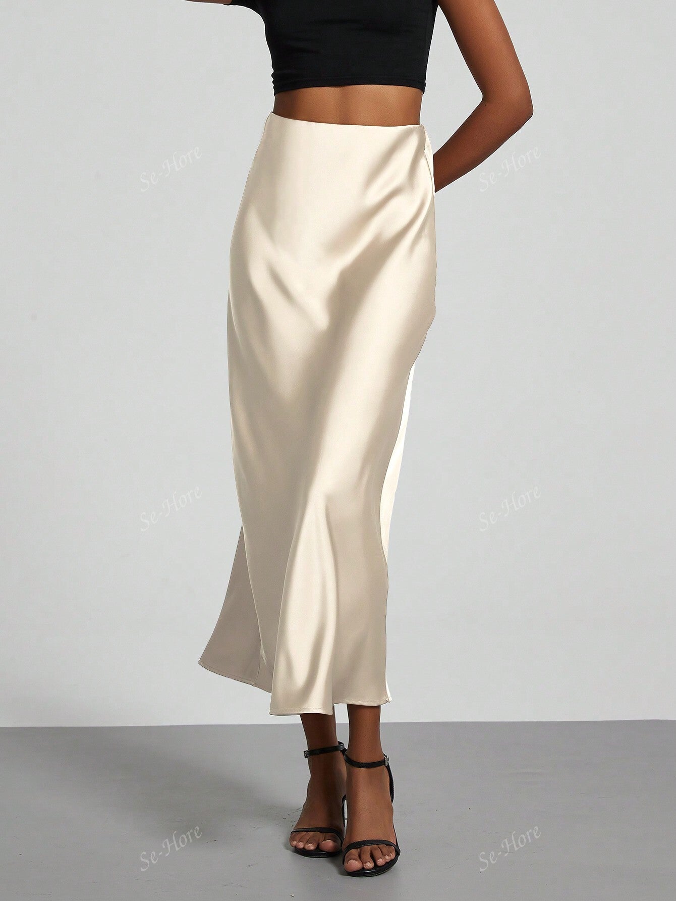 Women's Elastic Satin Silk Texture Midi Skirt Beige