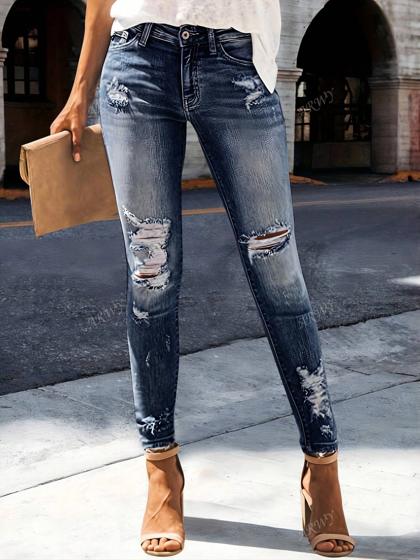 Women's Slim Fit Casual Jeans With Distressed Details And Hand Pockets,Ladies Casual Pocket,Ripped,Zipper Natural Skinny,Tapered/Carrot Long Dark Wash Curvy Regular Fit Women Jeans,Spring/Fall,Casual Daily Wear Dark Wash