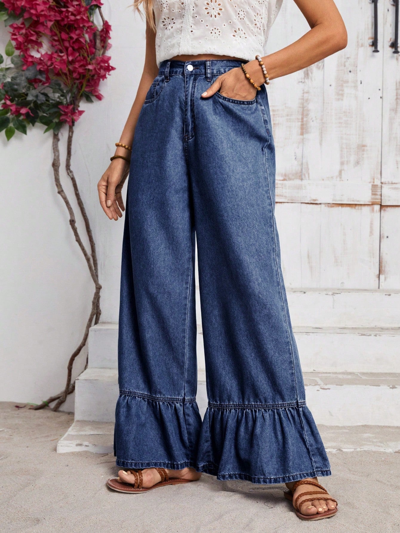 EMERY ROSE Women's Pocket Decor Ruffle Hem Wide Leg Loose Casual Jeans Dark Wash