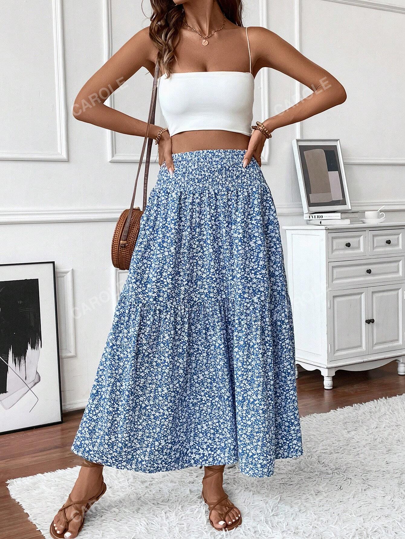 Women's Maxi Skirt Tiny Floral Casual Elastic Waist With Pockets Ruffled Hem Ladies Summer A-Line Long Skirts Blue