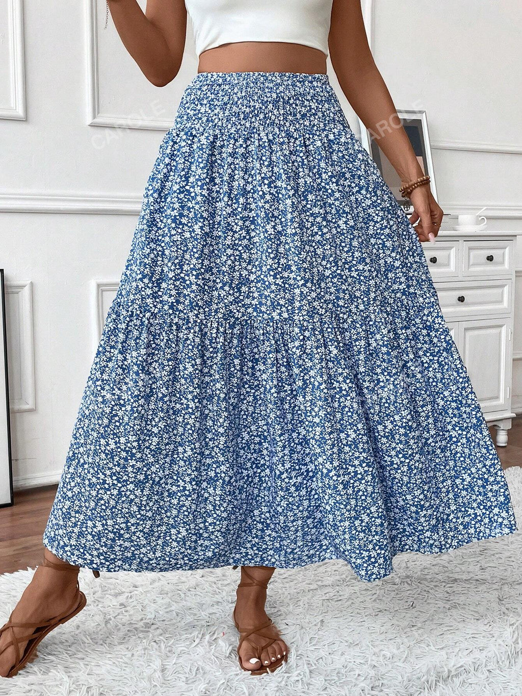 Women's Maxi Skirt Tiny Floral Casual Elastic Waist With Pockets Ruffled Hem Ladies Summer A-Line Long Skirts Blue
