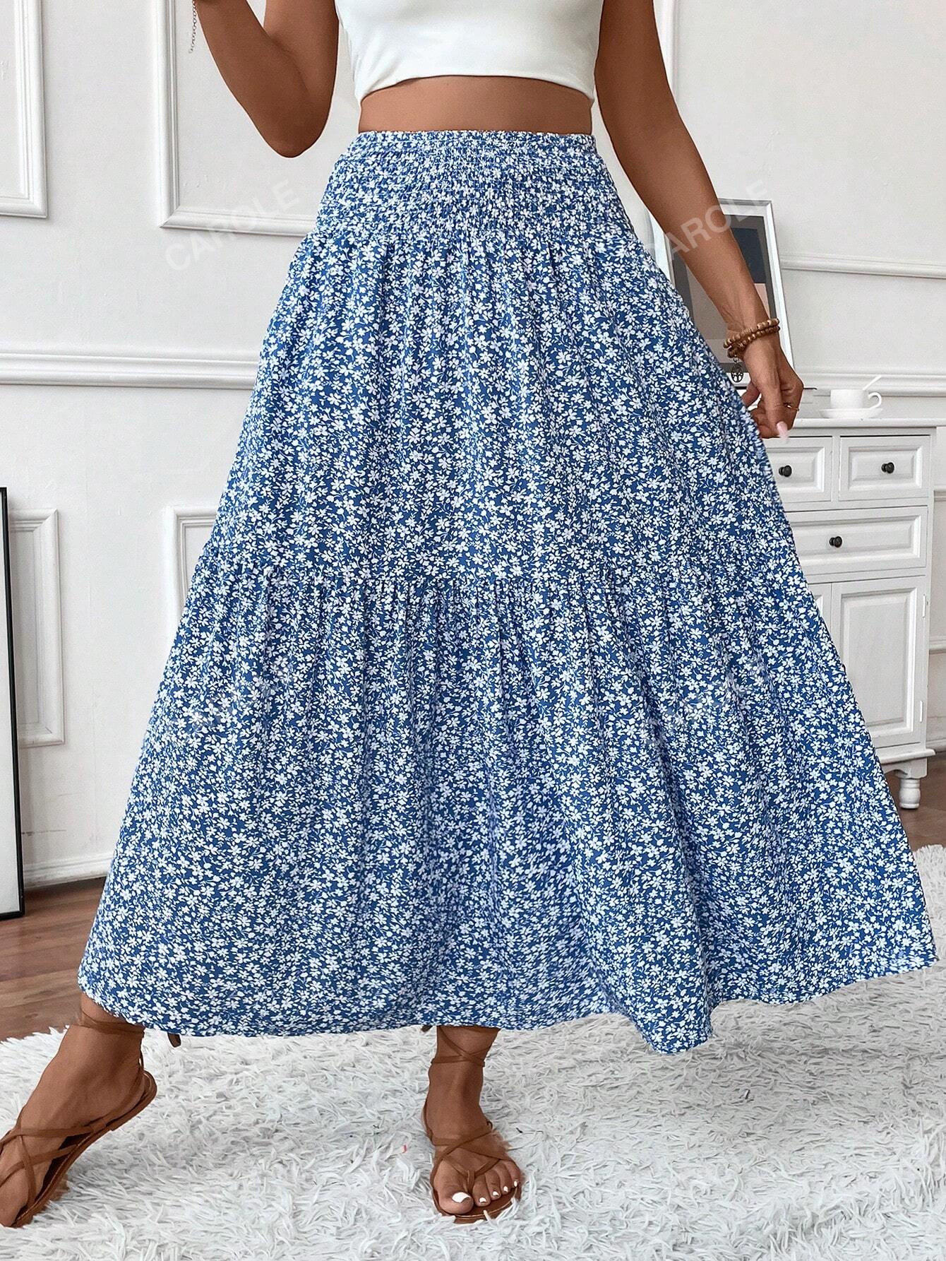 Women's Maxi Skirt Tiny Floral Casual Elastic Waist With Pockets Ruffled Hem Ladies Summer A-Line Long Skirts Blue